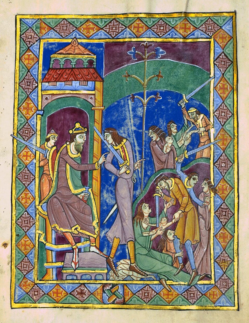 Średniowieczna miniatura w dekoracyjnej ramie, przedstawiająca scenę przemocy w architektonicznym wnętrzu. Po lewej stronie siedzący władca na tronie wskazuje ręką, wydając rozkaz. Po prawej i w centrum uzbrojeni żołnierze z mieczami atakują kobiety trzymające dzieci; postacie ukazane są w dramatycznych pozach, z gestami obrony i rozpaczy. Tło tworzą barwne arkady i stylizowane krajobrazy, a całość utrzymana jest w intensywnych kolorach błękitu, czerwieni, zieleni i złota, typowych dla iluminacji rękopiśmiennych.