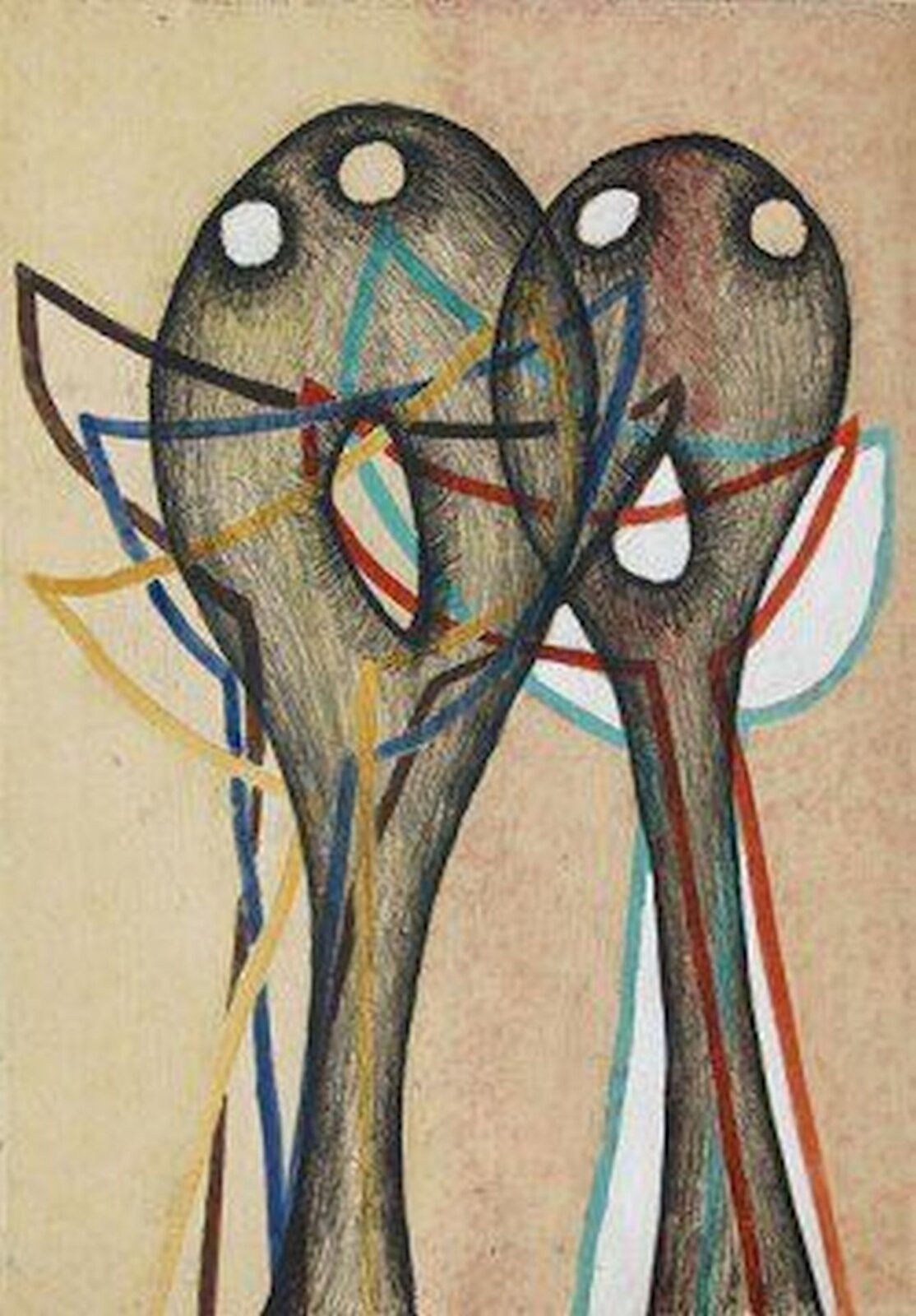 Ilustracja przedstawia obraz Marii Jarema pt. „Kompozycja” z cyklu „Głowy”. Na beżowym tle znajdują się dwie szaro‑czarne głowy, bez rysów twarzy, bez włosów z nieproporcjonalnie długimi szyjami. Oczy i usta wyglądają jak wycięte otwory. Na głowy nałożono kolorowe kreski w kształcie kielichów.