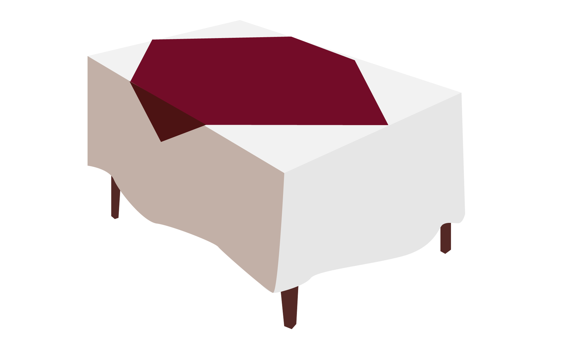 Na grafice widać stół przykryty dużym białym obrusem, a na nim czerwoną kwadratową serwetę położoną pod kątem.