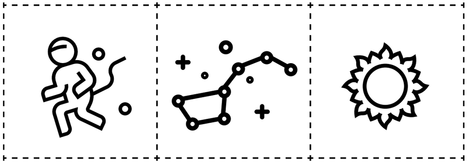 Na obrazku znajdują się trzy czarno‑białe ikony umieszczone obok siebie w osobnych polach otoczonych przerywaną linią. Po lewej znajduje się uproszczona sylwetka biegnącej osoby z kilkoma małymi kropkami wokół, sugerującymi ruch albo energię. W środku widoczny jest rysunek gwiazdozbioru — połączone linie i kropki tworzą układ przypominający konstelację, otoczoną kilkoma dodatkowymi gwiazdkami. Po prawej znajduje się ikona stylizowanego słońca: centralne koło otoczone jest dekoracyjnymi, ostrymi promieniami.