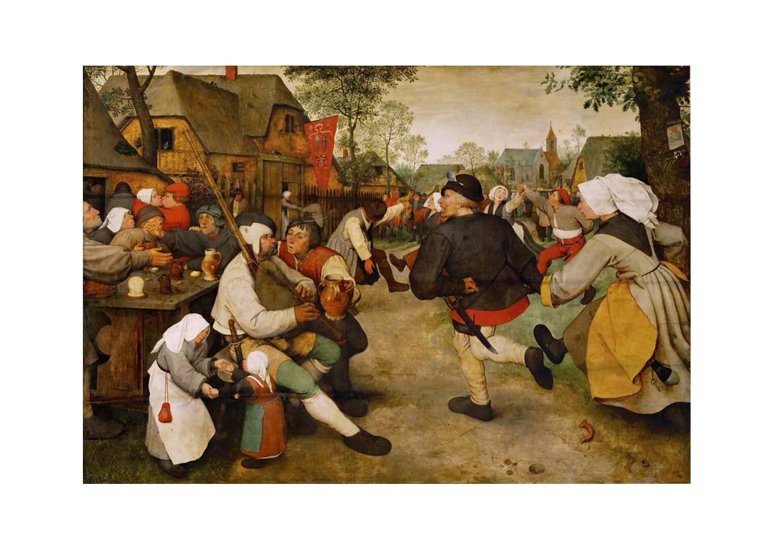 Obraz przedstawia wiejską zabawę. Postaci są bardzo dynamiczne, ubrane w proste, chłopskie stroje. Część postaci tańczy, inne siedzą przy ławach, pijąc i rozmawiając. Scena odbywa się pod gołym niebem.