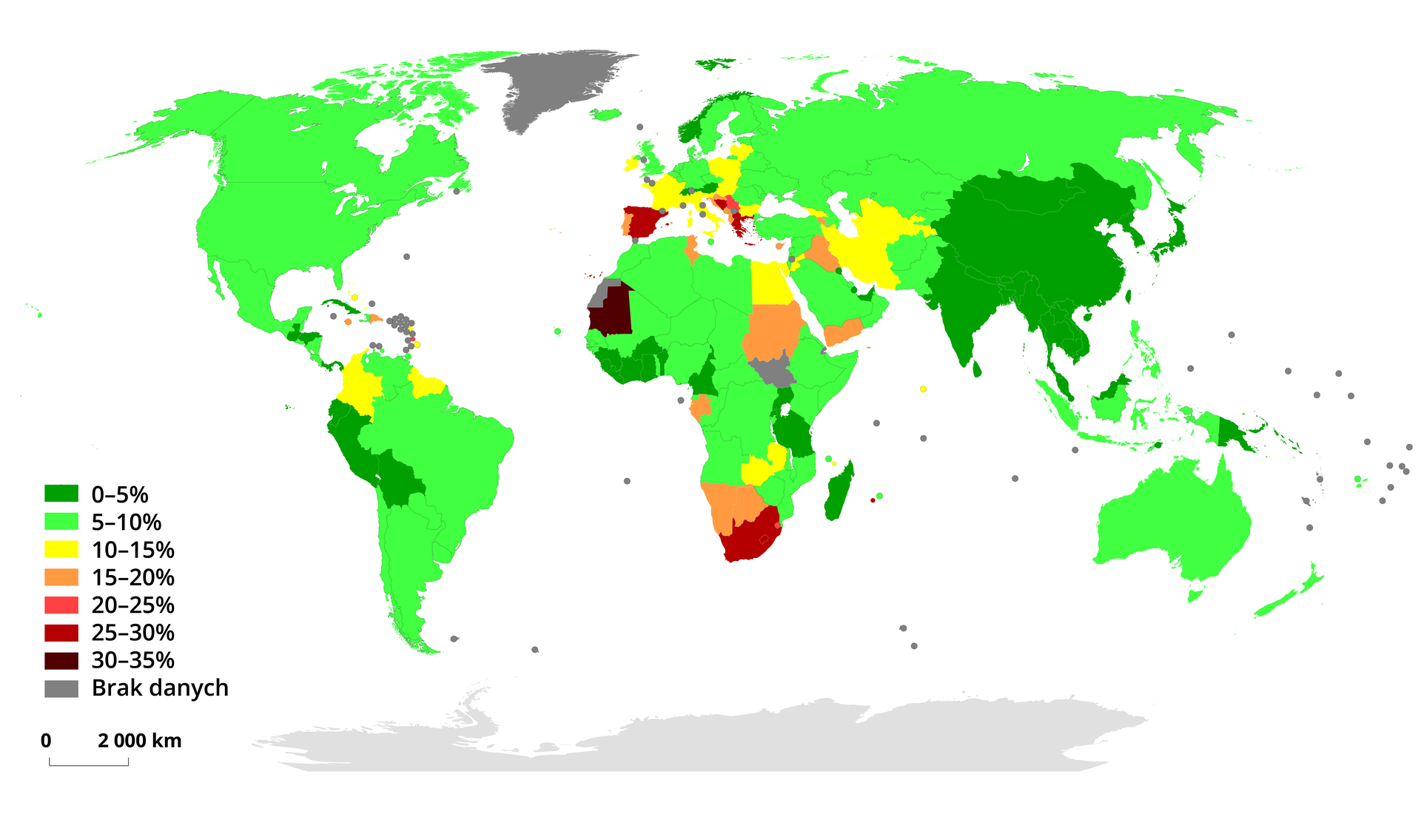 Mapa świata przedstawia odsetek osób pozbawionych pracy (bezrobotnych) w 2013 roku. Od 0 do 5%: Kuba, Boliwia, Ekwador, Peru, Honduras, Gwatemala, Madagaskar, Wybrzeże Kości Słoniowej, Benin, Ghana, Liberia, Sierra Leone, Gwinea, Tanzania, Uganda, Kamerun, Mongolia, Chiny, Indie, kraje Półwyspu Indochińskiego, Malezja, Papua-Nowa Gwinea, Japonia, Korea Północna i Południowa, Norwegia, Austria, Szwajcaria. Dominuje na świecie odsetek w przedziale od 5 do 10%, to między innymi Kanada, USA, Meksyk, Chile, Argentyna, Wenezuela, Paragwaj, Urugwaj, Brazylia, większość krajów afrykańskich, północna Azja, Pakistan, Afganistan, Australia, Indonezja, Szwecja, Finlandia, Czechy, Niemcy, Belgia, Holandia, Wielka Brytania, Dania, Ukraina, Białoruś, Rumunia, Turcja, Arabia Saudyjska. Wysoki odsetek od 25 do 30% dotyczy Hiszpanii, Grecji, Bośni i Hercegowiny, RPA. Najwyższy odsetek: od 30 do 35% dotyczy Mauretanii.  
