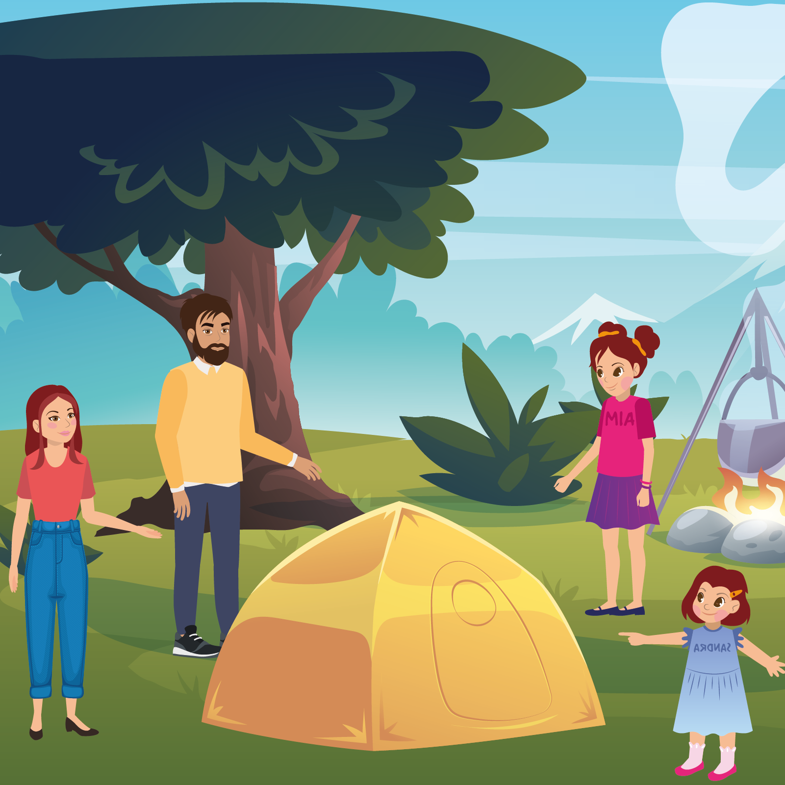 Ilustracja przedstawia pole namiotowe z górami w tle, drzewem, krzaczkami oraz ogniskiem otoczonym kamieniami. Nad ogniskiem widoczny jest stelaż z kociołkiem i gotującą się wodą. Na środku stoi żółty namiot. Wokół namiotu stoją Mia, Sandra, mama oraz tata, wskazujący palcem na namiot.