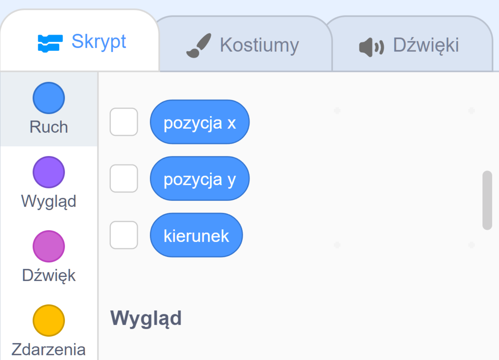 Grafika przedstawia fragment okna Scratch z zakładki "Ruch" z widocznymi zmiennymi "pozycja x", "pozycja y" i "kierunek".
