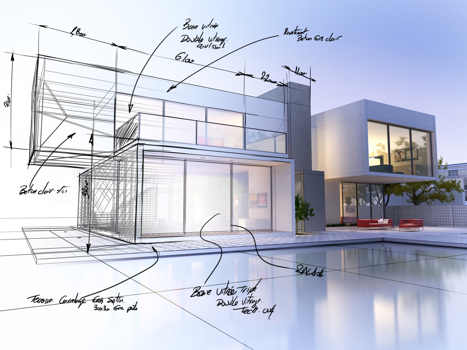 Ilustracja przedstawia rysunek architekta. Widzimy na nim wizualizację domu wraz z tarasem. Część ilustracji jest w formie rysunkowej, natomiast część w formie komputerowej. Na części rysunkowej zaznaczone zostały również wymiary elementów.