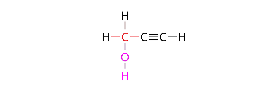 Ilustracja przedstawia wzór strukturalny pochodnej propynu należącej do alkoholi. Pochodna składa się z trzech atomów węgla, oznaczonych literą C, a pierwszy z nich, zaznaczony na czerwono tworzy w sumie cztery wiązania rozmieszczone na rysunku pod kątem dziewięćdziesięciu stopni: w górę i w lewo z dwoma atomami wodoru H, jedno wiązanie w dół z jednym atomem tlenu, który łączy się z jednym atomem wodoru i oba są zaznaczone na różowo, i jedno wiązanie w bok po prawej z jednym atomem węgla. Ten atom z kolei tworzy jedno wiązanie potrójne w prawo z kolejnym atomem węgla, który ma przyłączony tylko jeden atom wodoru.