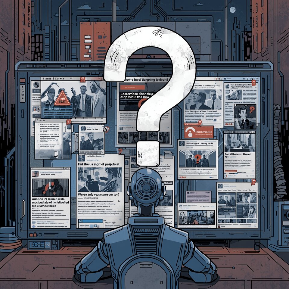 Ilustracja wygenerowana przez sztuczną inteligencję przedstawiająca dostęp do nieprawdziwych informacji generowanych przez AI