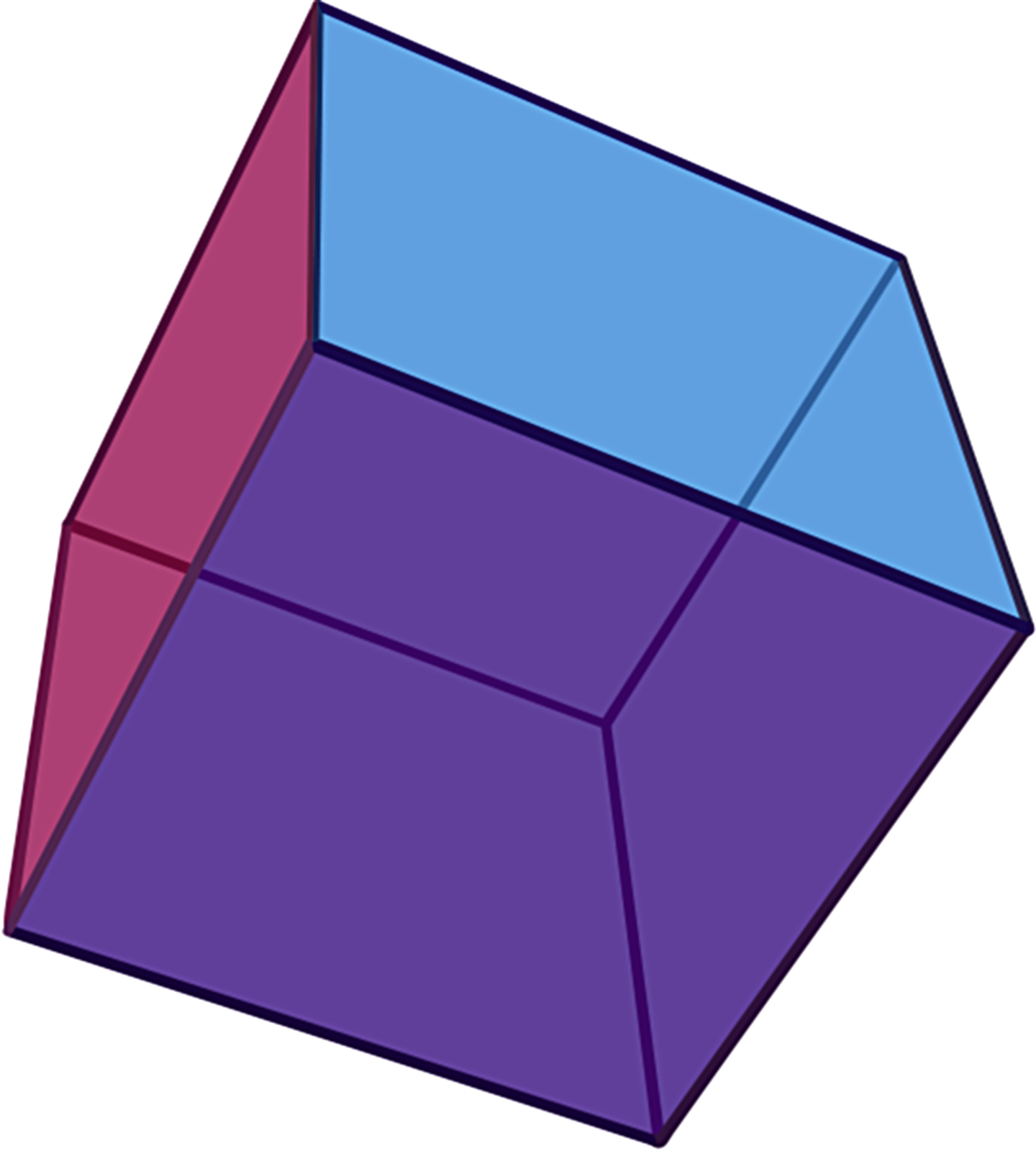 Ilustracja przedstawia przechylony, kolorowy sześcian. Ściana przednia jest koloru granatowego, boczna bordowego, a górna błękitnego. Za ścianami znajdują się proste łączące pozostałe ściany.