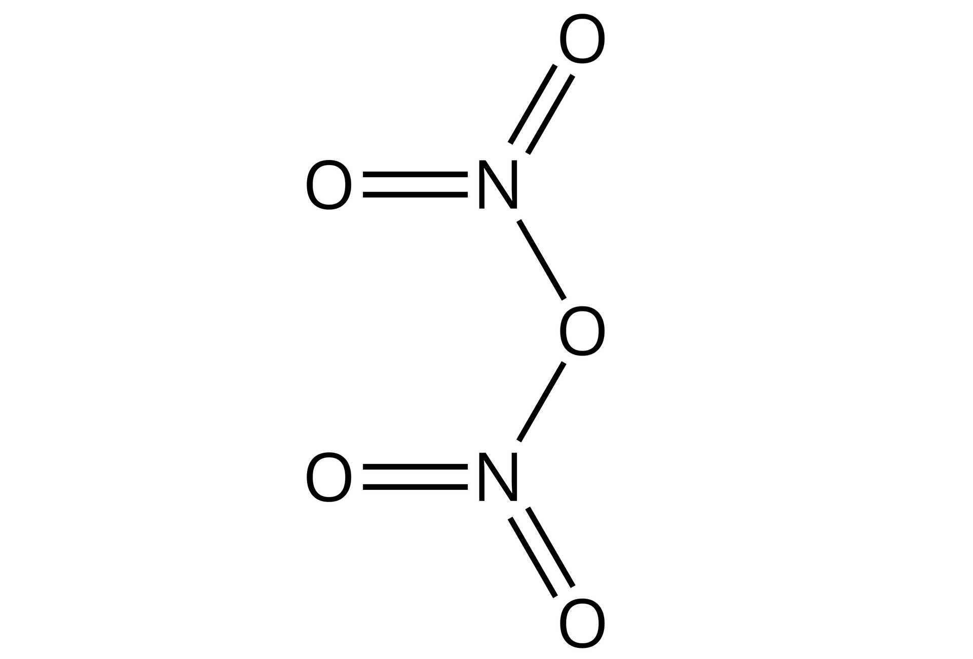 Ilustracja przedstawiająca tlenek azotu(<math aria‑label="pięć">V) zbudowany z atomu tlenu O połączonego za pomocą wiązań pojedynczych z dwoma atomami azotu N, z których każdy związany jest za pomocą wiązań podwójnych z dwoma atomami tlenu.