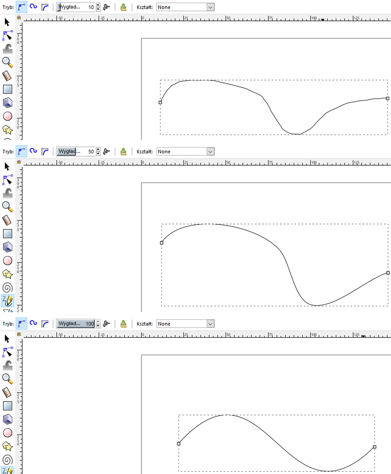 Ilustracja przedstawia trzy grafiki z obszarem roboczym. Na pierwszym z nich znajduje się krzywa, jej początek i koniec zaznaczone są punktami. Krzywa znajduje się wewnątrz prostokąta zaznaczonego linią przerywaną. Wygładzenie linii jest równe dziesięć. Na drugiej grafice znajduje się krzywa, która została wygładzona. W tym przypadku wygładzenie jest równe pięćdziesiąt. Trzecia krzywa ma kształt przypominający sinusoidę, jej wygładzenie jest równe sto.