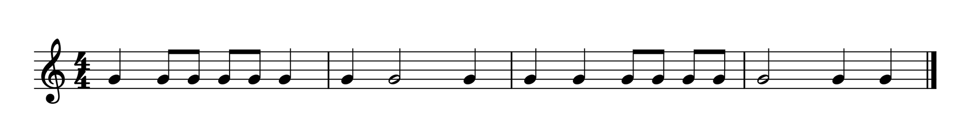 Grafika przedstawia partyturę utworu, którego tytuł lub charakter należy zapisać. Utwór jest napisany w metrum cztery czwarte, w tonacji C‑dur. Wszystkie dźwięki znajdują się w obrębie oktawy razkreślnej i są zapisane w kluczu wiolinowym. Wszystkie dźwięki w partyturze to g. W pierwszym takcie na pierwszą miarę wykonywana jest ćwierćnuta, a następnie na miary drugą oraz trzecią cztery ósemki. Na miarę czwartą grana jest ćwierćnuta. W drugim takcie na pierwszą miarę wykonywana jest ćwierćnuta, a następnie na miarę drugą półnuta. Na miarę czwartą grana jest ćwierćnuta. W takcie trzecim na pierwszą oraz drugą miarę zapisane są dwie ćwierćnuty, a następnie na miary trzecią i czwartą cztery ósemki. W ostatnim, czwartym takcie przykładu na pierwszą miarę wykonywana jest półnuta, a na miary trzecią oraz czwartą dwie ćwierćnuty.