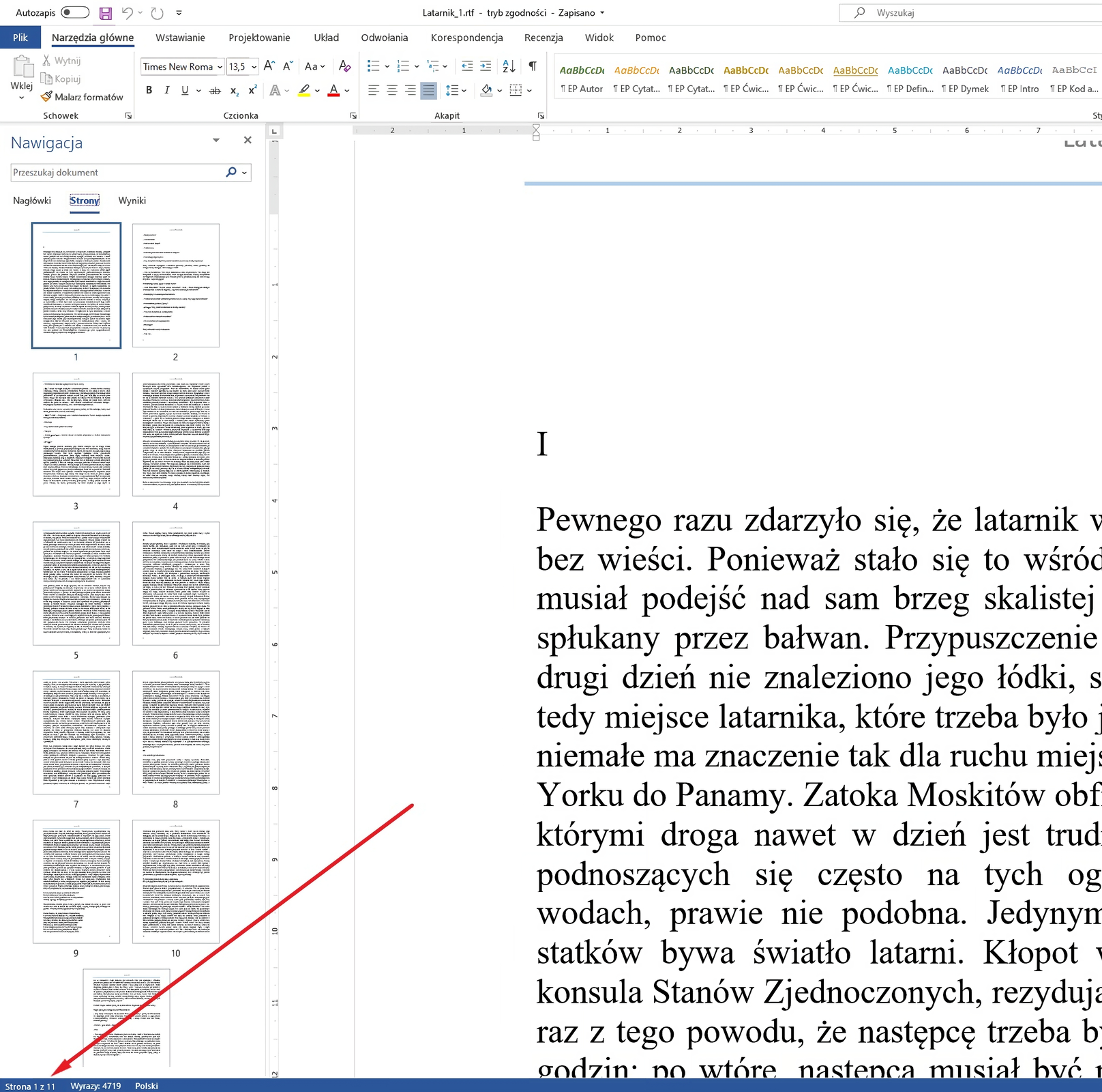 Zrzut okna programu Microsoft Word z otwartym okienkiem nawigacji, które można otworzyć naciskając na numerację stron znajdującą się w lewym dolnym rogu.