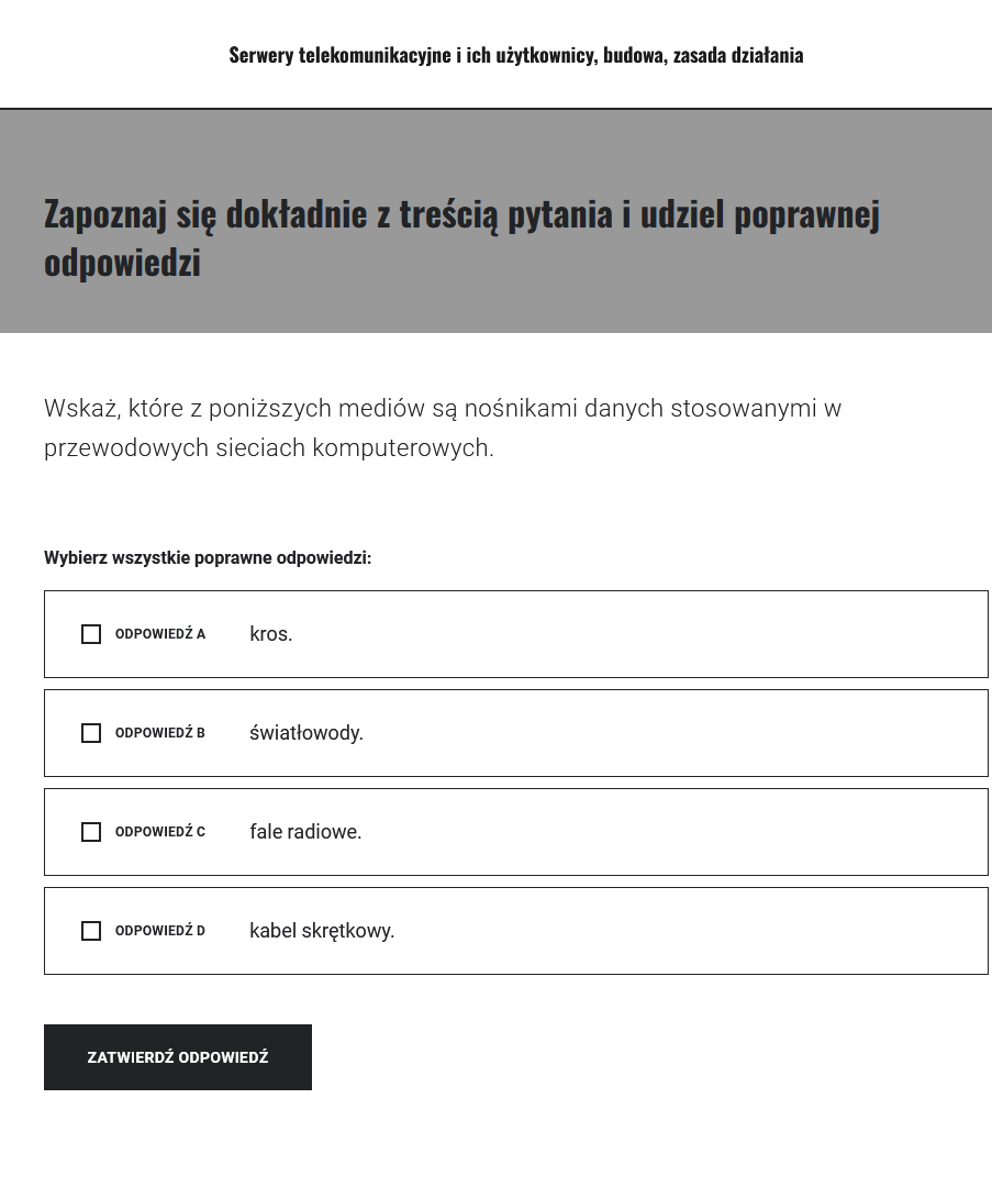 Grafika przedstawia przykładowe zadanie zawarte w grze. Gra składa się z polecenia, odpowiedzi do wyboru oraz klawisza zatwierdzającego wynik.