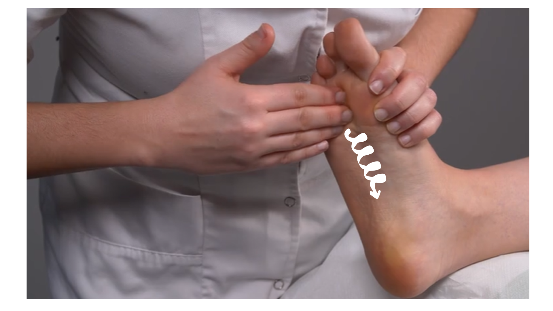 Zdjęcie przedstawia lewą stopę pacjenta leżącego przodem na stole do masażu. Noga pacjenta jest uniesiona powyżej stawu kolanowego. Masażysta wykonuje ruch okrężny opuszkami od palców stopy w stronę pięty. Drugą ręką przytrzymuje stopę pacjenta. 