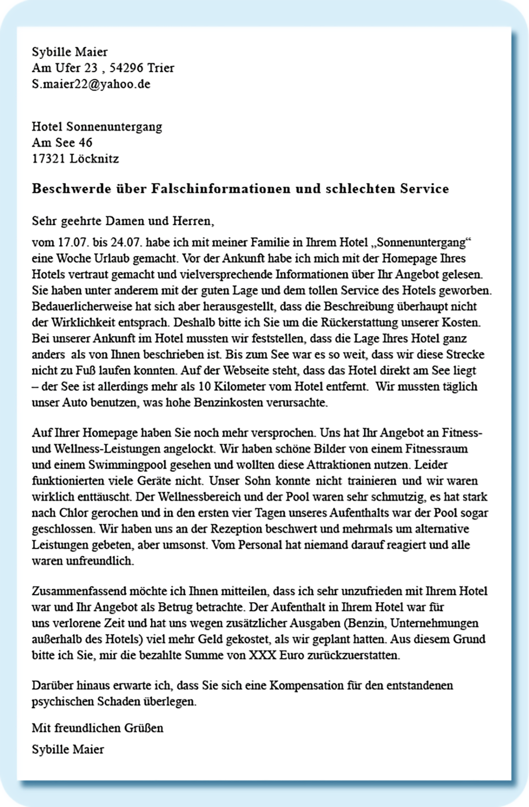 Ilustracja przedstawia reklamację. Transkrypcja dostępna poniżej.