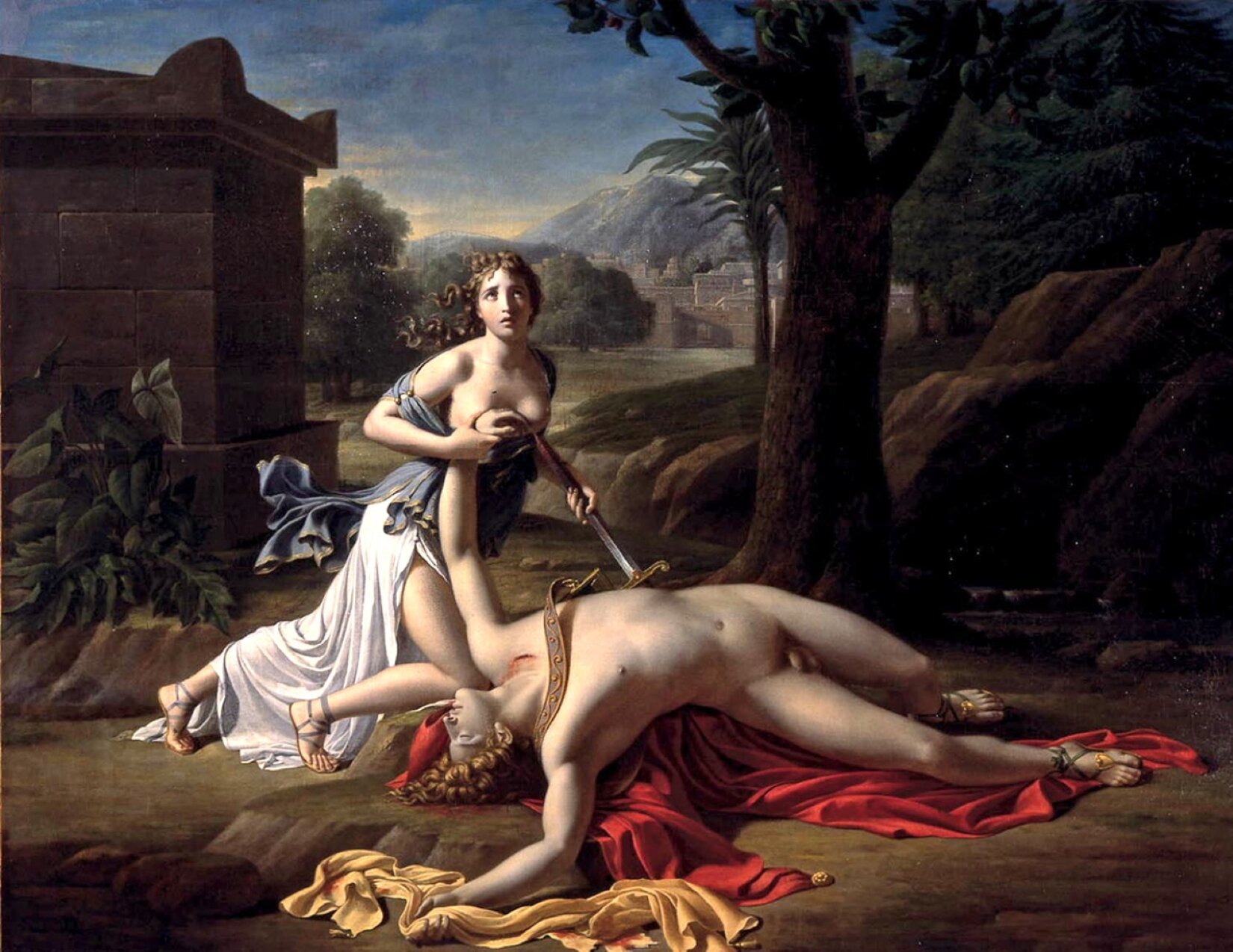 Dzieło autorstwa Pierre Gautherota pod tytułem „Pyramus i Tysbe” przedstawia nagie ciało młodego mężczyzny leżącego na ziemi oraz młodą kobietę klęczącą nad zwłokami. Młodym mężczyzną jest Pyramus o kręconych włosach, spoczywający na czerwonej szacie. Na jego ciele, przy szyi widoczna jest cięta rana, z której sączy się krew. Młoda kobieta to Tysbe, ukochana Pyramusa o dłuższych kręconych włosach, odziana w biało-niebieską suknię. Kobieta przykłada sobie sztylet do niezasłoniętej piersi, kierując ostrze w okolicę serce. W tle, z lewej strony, widoczna jest ciemna budowla, z prawej strony przedstawiono ciemne drzewa oraz skały, z tyłu natomiast szczyty wzgórz oraz liściaste drzewa.