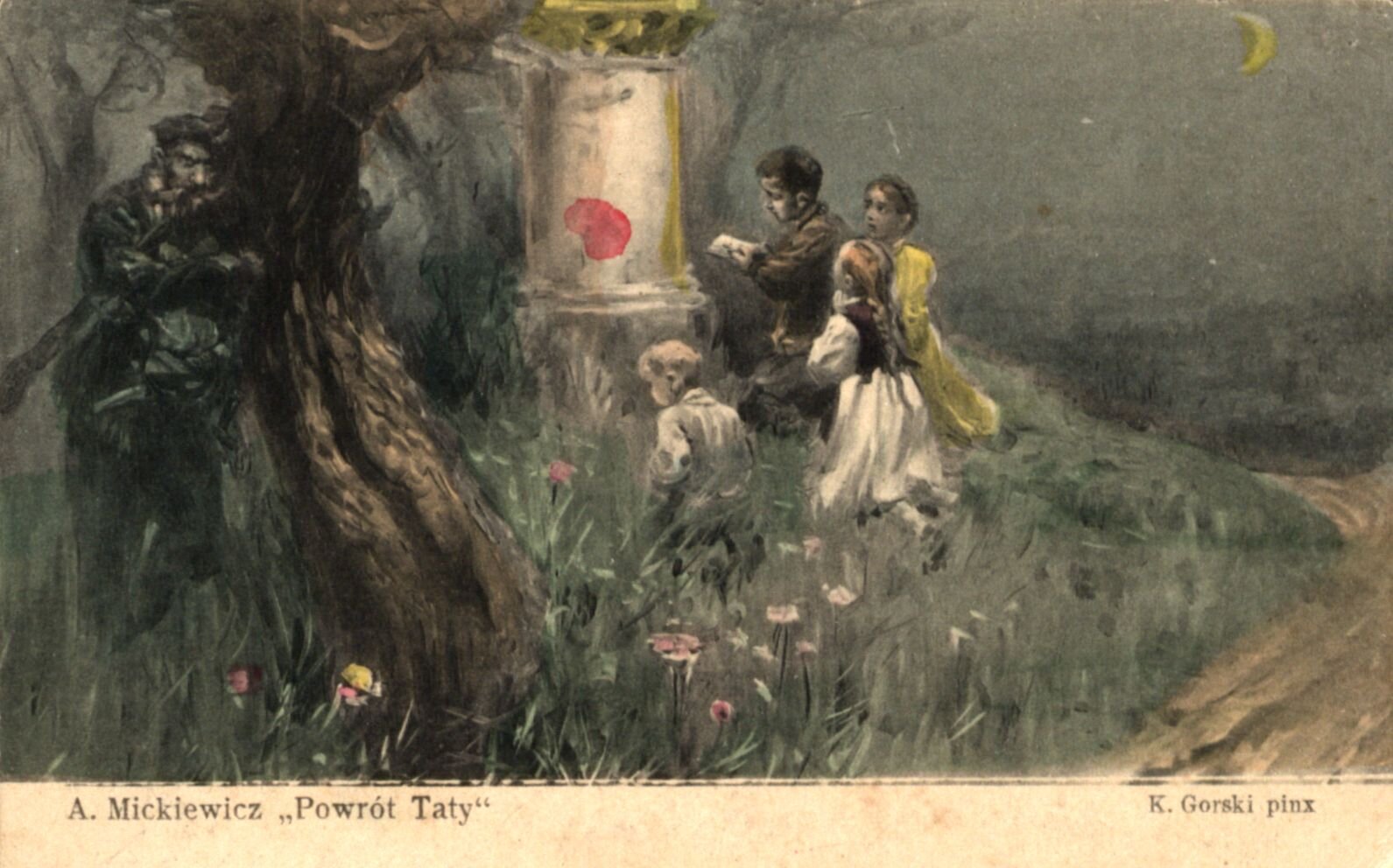 Kolorowy obraz przedstawia czwórkę dzieci, które modlą się wieczorem przed przydrożną kapliczką. Dwóch chłopców i dwie dziewczynki z warkoczami klęczą, trzymają złożone do modlitwy ręce i patrzą na kapliczkę. Najstarszy chłopiec trzyma książeczkę do modlitw. Po lewej stronie rośnie potężne drzewo, za którym schował się groźnie wyglądający mężczyzna, który trzyma w ręku strzelbę. Przytula się on do pnia drzewa i przysłuchuje modlitwie dzieci. W tle widać wijącą się polną drogę i wioskę oraz księżyc, który wzeszedł na niebie.