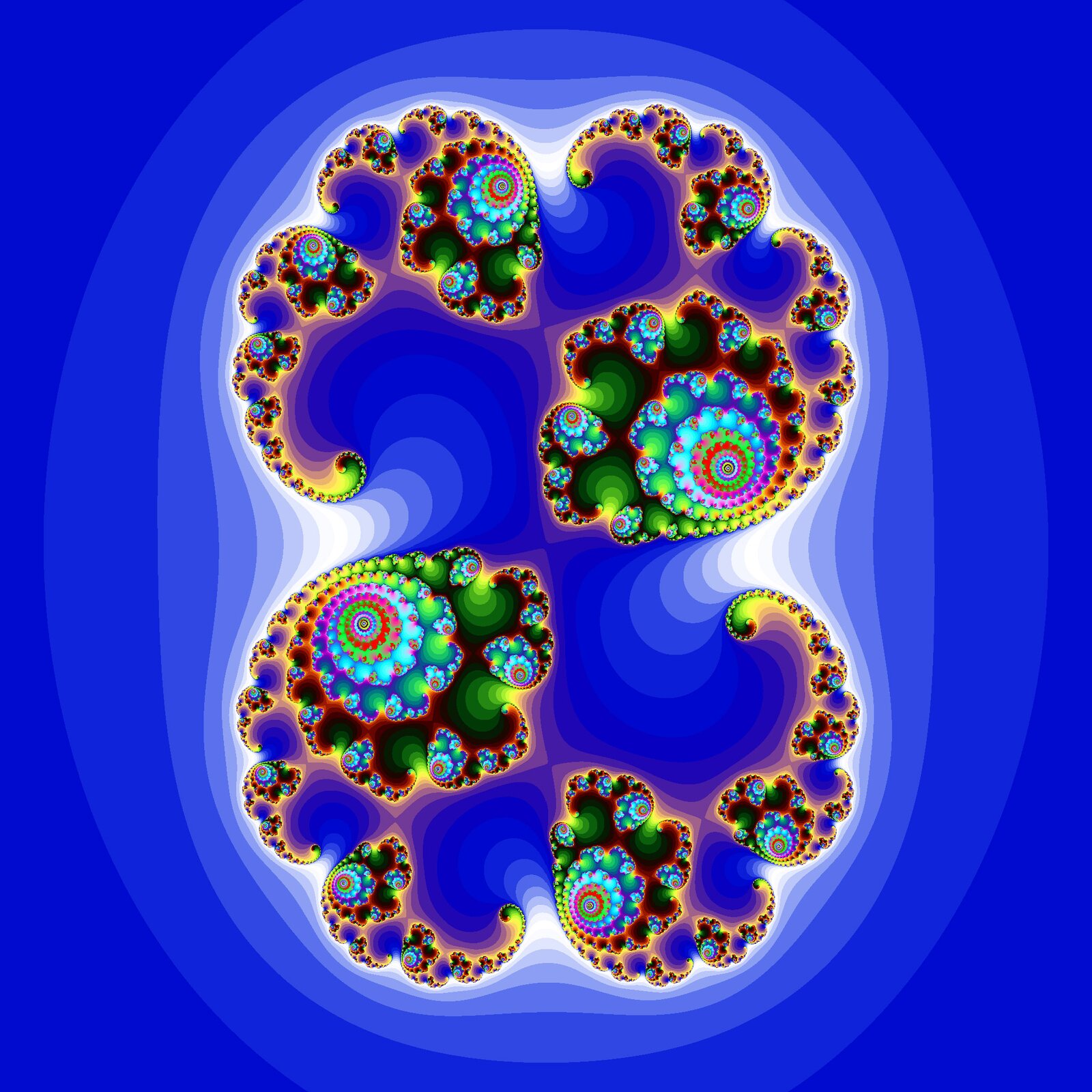 Grafika przedstawia powtórzony wielokrotnie wzór fraktali o różnych wielkościach.