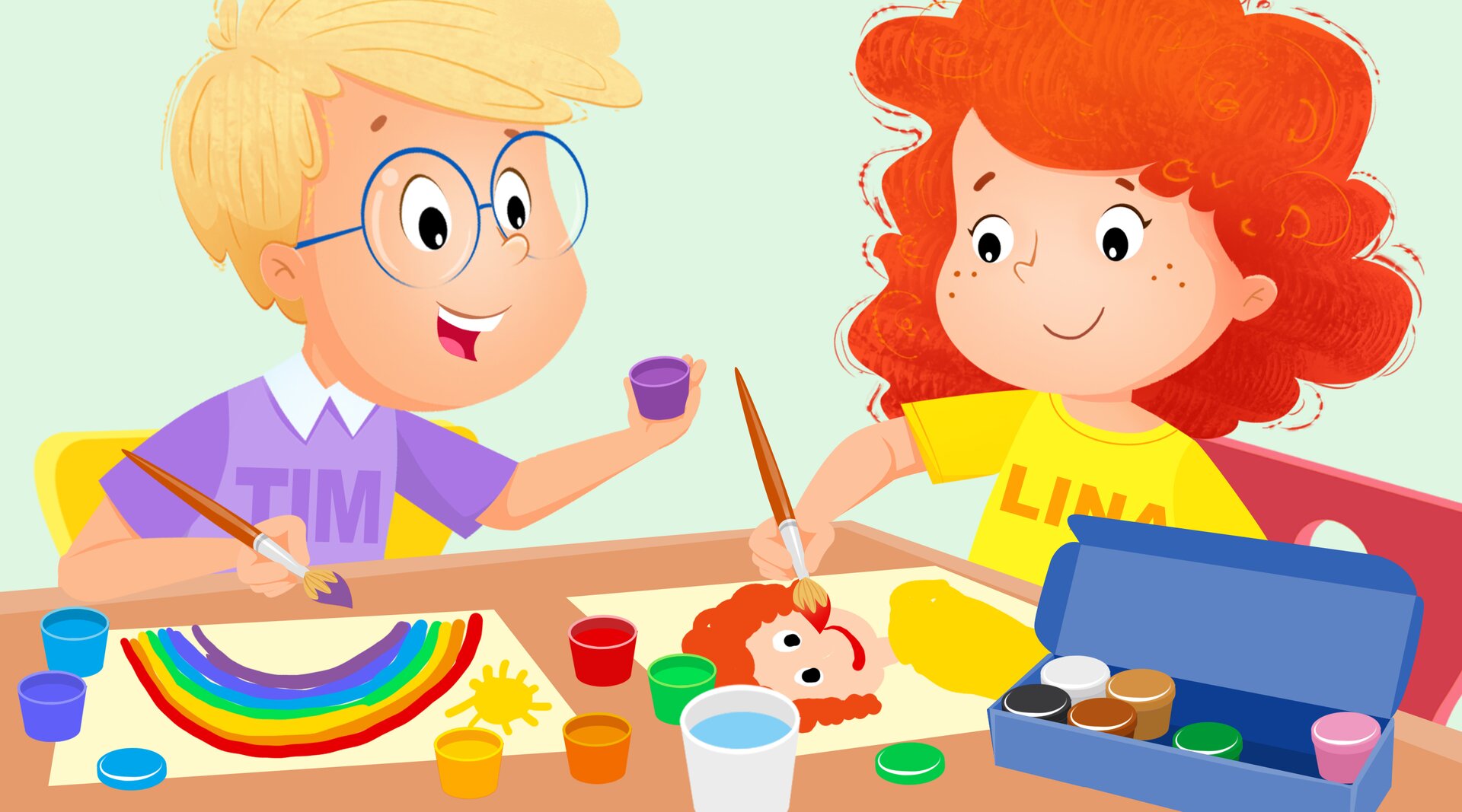 Tim i Lina malują razem farbami.