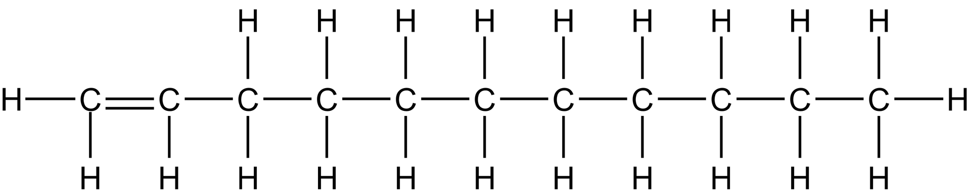 Wzór strukturalny przedstawia długi łańcuch zbudowany z 11 atomów węgla. Dwa pierwsze atomy węgla, od lewej strony, są połączone wiązaniem podwójnym. Pozostałe pojedynczym. Pierwszy atom węgla od lewej strony łączy się z dwoma atomami wodoru, drugi z jednym na dole, pozostałe - oprócz ostatniego - z dwoma atomami wodoru. Ostatni atom węgla łączy się z trzema atomami wodoru.     