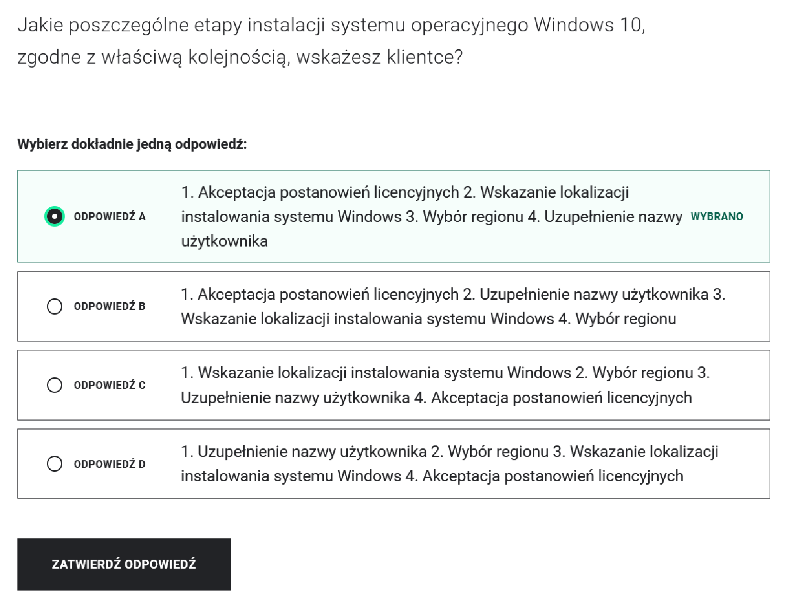 Grafika przedstawia widok na jedno z ćwiczeń w grze edukacyjnej. Ćwiczenie składa się z pytania, odpowiedzi, które należy zaznaczyć oraz przycisku: zatwierdź odpowiedź.