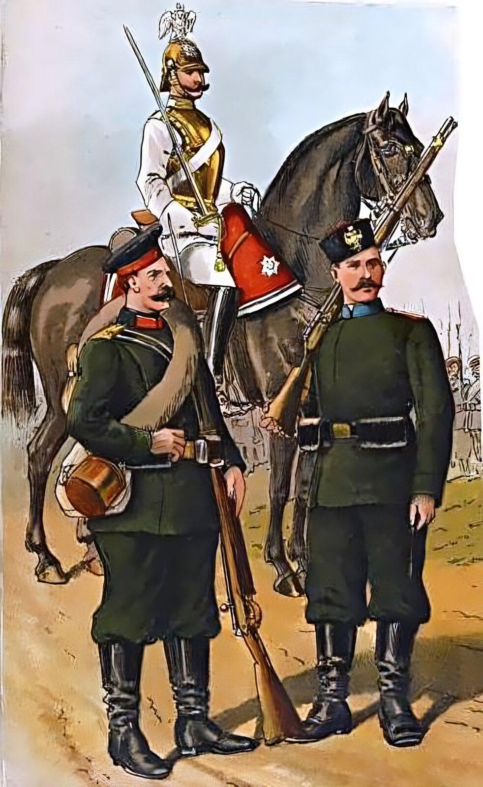 Kliknij, aby powiększyć Ilustracja przedstawia trzech żołnierzy armii rosyjskiej z czasów powstania styczniowego. Dwaj z nich stojący na pierwszym planie to piechurzy w ciemnych czapkach, wysokich butach i mundurach przepasanych pasem przyczepioną ładownicą do naboi. Uzbrojeni są w długolufową broń. Za nimi na koniu siedzi kawalerzysta w biało złotym mundurze i ozdobnym hełmie. W prawej ręce trzyma szablę.