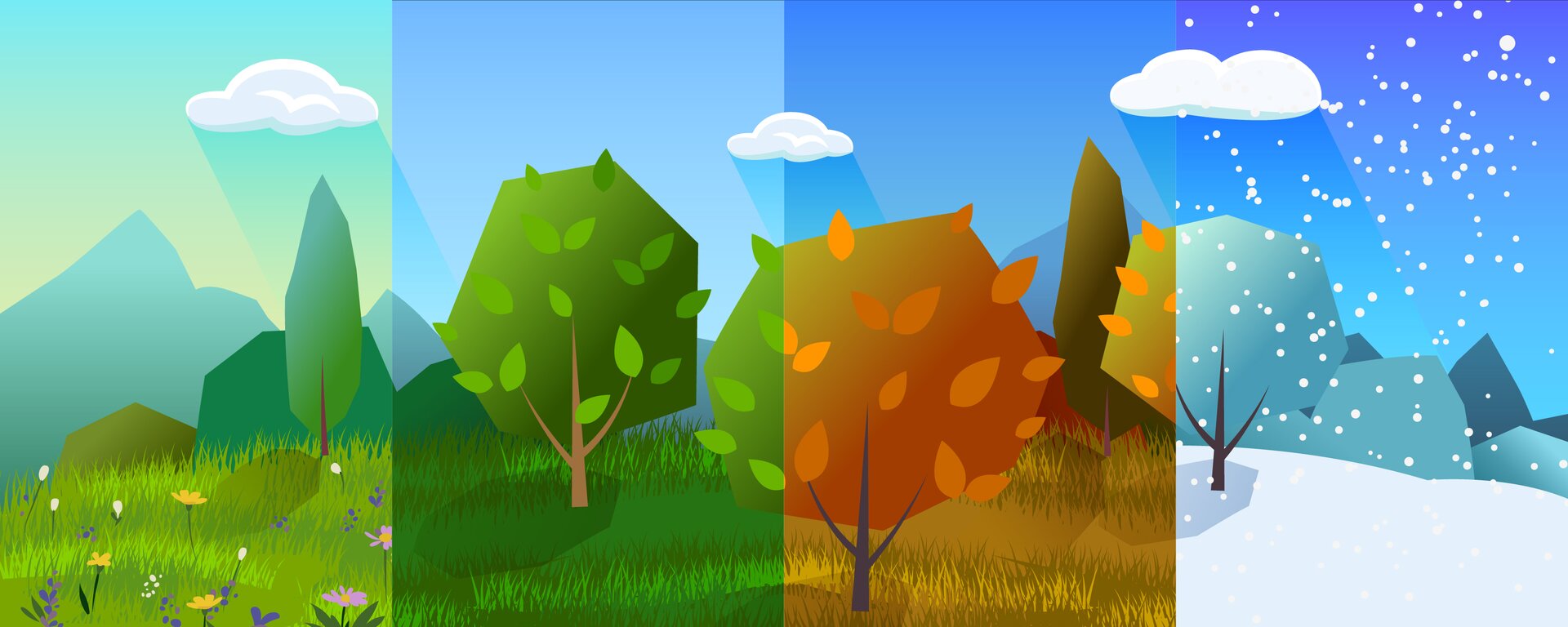  Grafika przedstawia cztery pory roku na jednym obrazku, z kilkoma powielającymi się elementami, takimi jak drzewa, chmury oraz góry.