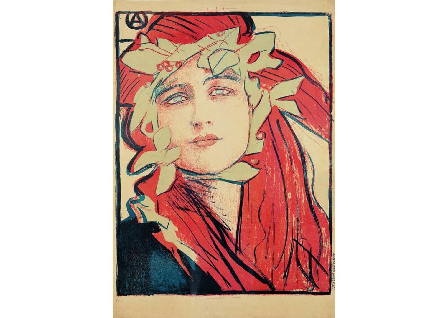 Plakat przedstawia twarz kobiety, którą wianek z kwiatów. Kobieta ma rude, rozwiane włosy i patrzy w kierunku obserwatora.