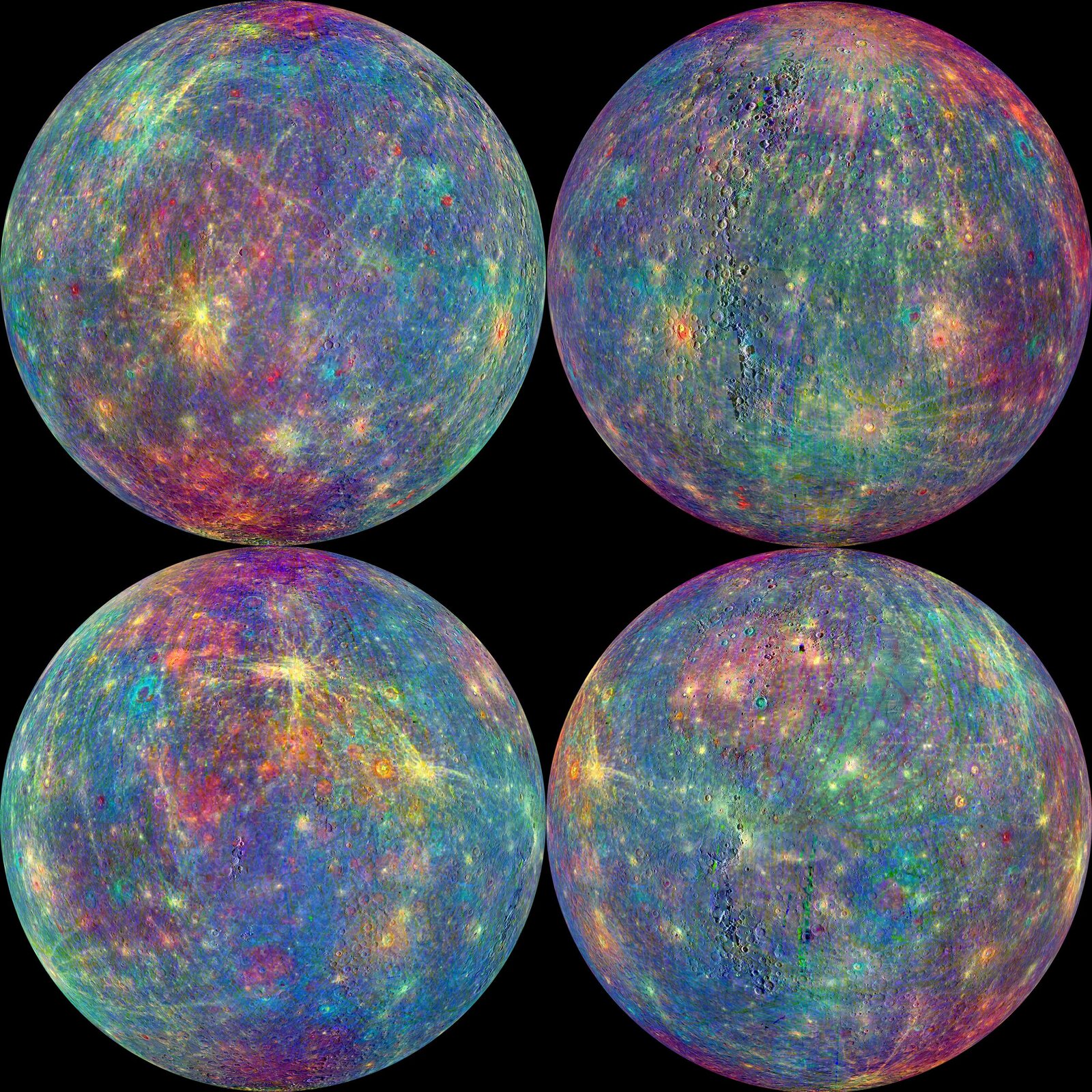 Rys 6. Ilustracja przedstawia cztery grafiki pokazujące najdokładniejszą mapę powierzchni Merkurego. Grafiki przedstawiają kulistą planetę z każdej strony na tle czarnej przestrzeni kosmicznej. Powierzchnia planety przybiera kolory od błękitnego do fioletowego. Obszary o różnych kolorach odpowiadają różnemu składowi mineralnemu powierzchni planety. Dane uzyskano poprzez pomiar spektrograficzny światła odbitego od powierzchni Merkurego. Zdjęcia wykorzystane do uzyskania danych wykonane zostały przez sondę kosmiczną Messenger.
