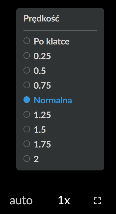 Zdjęcie przedstawia ikonę oraz panel zmiany prędkości odtwarzania filmu. Ikona składa się z jedynki i małego iksa. Nad ikoną wyświetlony jest panel zatytułowany prędkość i zawierający różne opcje prędkości do wyboru. Opcje od góry to: po klatce, dwadzieścia pięć setnych, pięć dziesiątych, siedemdziesiąt pięć setnych, normalna, jeden i dwadzieścia pięć setnych, jeden i pięć dziesiątych, jeden i siedemdziesiąt pięć setnych, dwa. Zaznaczoną opcją jest prędkość normalna. Można to stwierdzić po niebieskim kolorze tego napisu. Obok ikony zmiany prędkości widać po lewej stronie ikonę auto, a po prawej kwadrat umożliwiający włączenie pełnego ekranu.