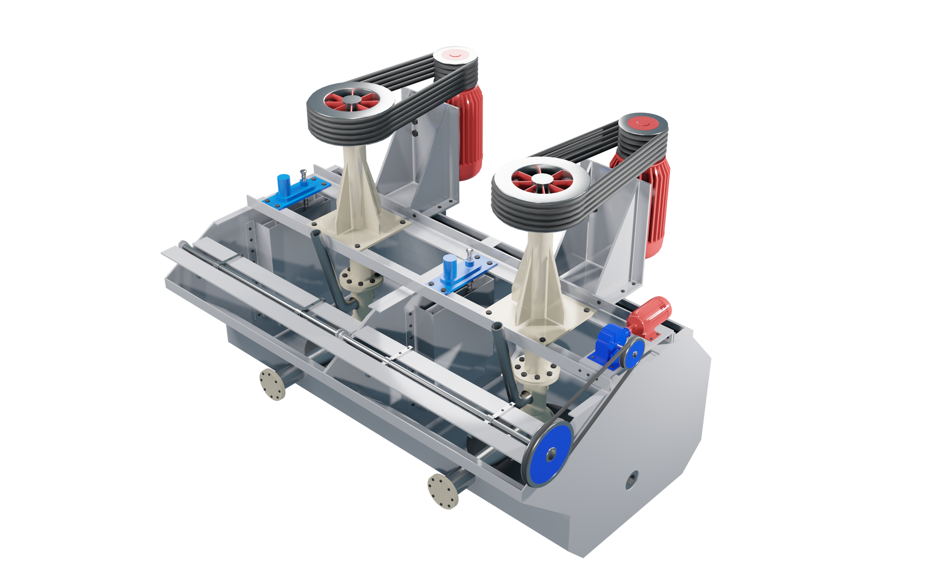 Na ilustracji widoczny jest kolorowy model maszyny flotacyjnej. Maszyna flotacyjna wykorzystuje metodę flotacyjną w procesie wzbogacania surowców w zakładach przeróbczych. Główny element maszyny stanowi komora mieszalnikowa (przedział mieszalnikowy). Jest ona jednym z głównych przedziałów flotownika. W górnej części ma prostopadłościenny kształt, zaś w dolnej zaczyna się zwężać. Tutaj zachodzi powstawanie mętów flotacyjnych z doprowadzonej w odpowiednim stężeniu nadawy, powietrza, wody oraz odczynników flotacyjnych. Komora wyposażona jest w wirnik napędzany silnikiem oraz połączona z komorą roboczą. Wirnik to element zamontowany w pionowo wydrążonym wale w centralnej części w komorze mieszalnikowej. Znajduje się wewnątrz statora, który ją zabudowuje. Wirnik umożliwia mieszanie zawartości komory, jej równomierne napowietrzenie oraz przepływ mętów w pożądanym kierunku, to jest poprzez stator. Wspomniany stator to nieruchomy element, którym zabudowany jest wirnik. Posiada on łopatki umocowane do poziomej płyty ustawionej powyżej dna przedziału roboczego oraz centralnie zorientowany otwór. Stator ukierunkowuje ruch wirowy cieczy w komorze nadawany przez wirnik. Silnik napędowy wprowadzający w ruch wirnik zamontowany jest w górnej części maszyny, nad komorą mieszalnikową. Składa się z horyzontalnie rozmieszczonych kół napędowych z zaciągniętą wokół nich taśmą. Koła łączą się z zamontowanym w wale wirnikiem, który wprowadzany jest w ruch. Sprężone powietrze istotne dla procesu flotacji dostarczane jest do komory roboczej rurą doprowadzającą powietrze w wydrążonym wale. Zawiesina flotacyjna dopływa do skrzynki nadawczej, z której dalej kierowana jest dolną szczeliną przepływową do przedziału roboczego. W górnej części obu przedziałów roboczych zabudowane są (w ich podłużnej osi) nachylone ścianki służące do kierowania zmineralizowanej piany flotacyjnej do progów wyładowczych. Zgarniacze skrzydełkowe znajdują się nieco poniżej poziomu powierzchni piany flotacyjnej gromadzącej się w górnej części flotownika. Odpowiadają za przyspieszenie wyodrębniania koncentratu w postaci piany poprzez wygarnianie jej poza komorę do koryt odbiorczych. Zgarniacze skrzydełkowe stanowią usytuowane poziomo, równolegle do poziomu koryta odbiorczego trzony obracające się w trakcie pracy urządzenia wokół własnej osi. Wokół trzonów rozmieszczone są promieniście dookoła wspomnianej osi, na całej ich długości płaskie, prostokątne elementy, czyli skrzydełka, tudzież łopatki. Koryta odbiorcze umiejscowione są tuż przed zgarniaczami skrzydełkowymi. Są to zbiorniki znajdujące się na poziomie powstającej piany. Do nich kierowany jest koncentrat w postaci piany flotacyjnej. Komora robocza (to znaczy przedział roboczy) to część flotownika, w której dochodzi do wyodrębnienia dwóch frakcji – z maszyny zostają odprowadzone odpowiednio – złoża odpadowe oraz koncentrat. Koncentrat kierowany jest do koryt odbiorczych znajdujących się w górnej części flotownika, zaś złoża odpadowe wzdłuż kaskady komór roboczych do skrzyni odpadowej znajdującej się za ostatnim przedziałem roboczym. Na cały flotownik składa się z reguły kilka omówionych podzespołów. Pomiędzy nimi znajdują się skrzynie pośredniczące. Są to komory, które łączą przedziały sąsiadujących komór roboczych, tworząc kaskadę składającą się na pełny flotownik. Na końcu tego typu kaskady znajduje się wspomniana skrzynia odpadowa. To do niej kierowane są i w niej gromadzone odpady flotacyjne stanowiące drugą frakcję w procesie flotacji.