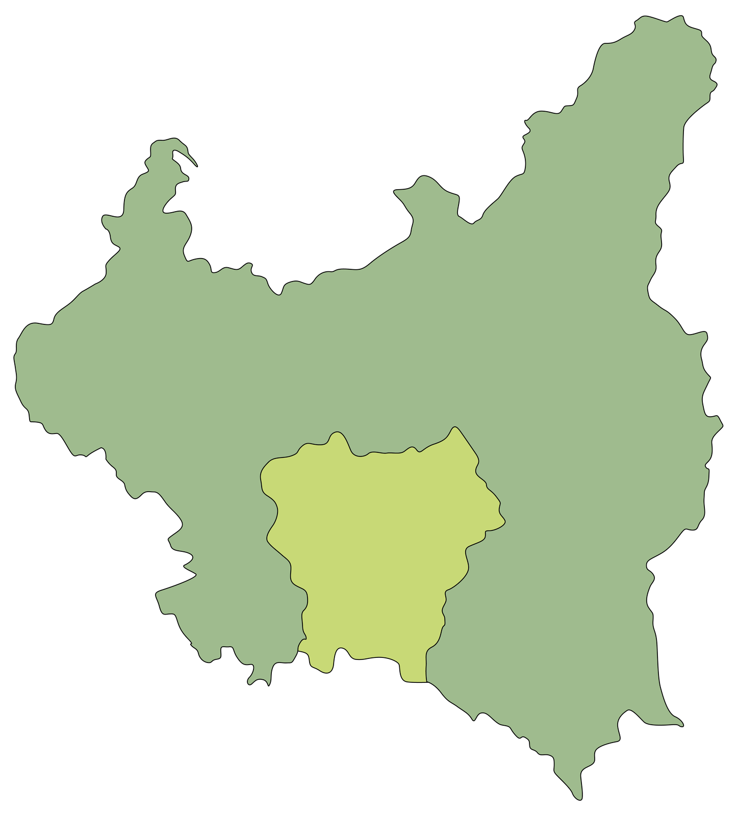 Rysunek przedstawia umiejscowienie Centralnego Okręgu Przemysłowego na mapie Polski – południowa część kraju. Zaznaczony jest on innym kolorem niż reszta państwa.