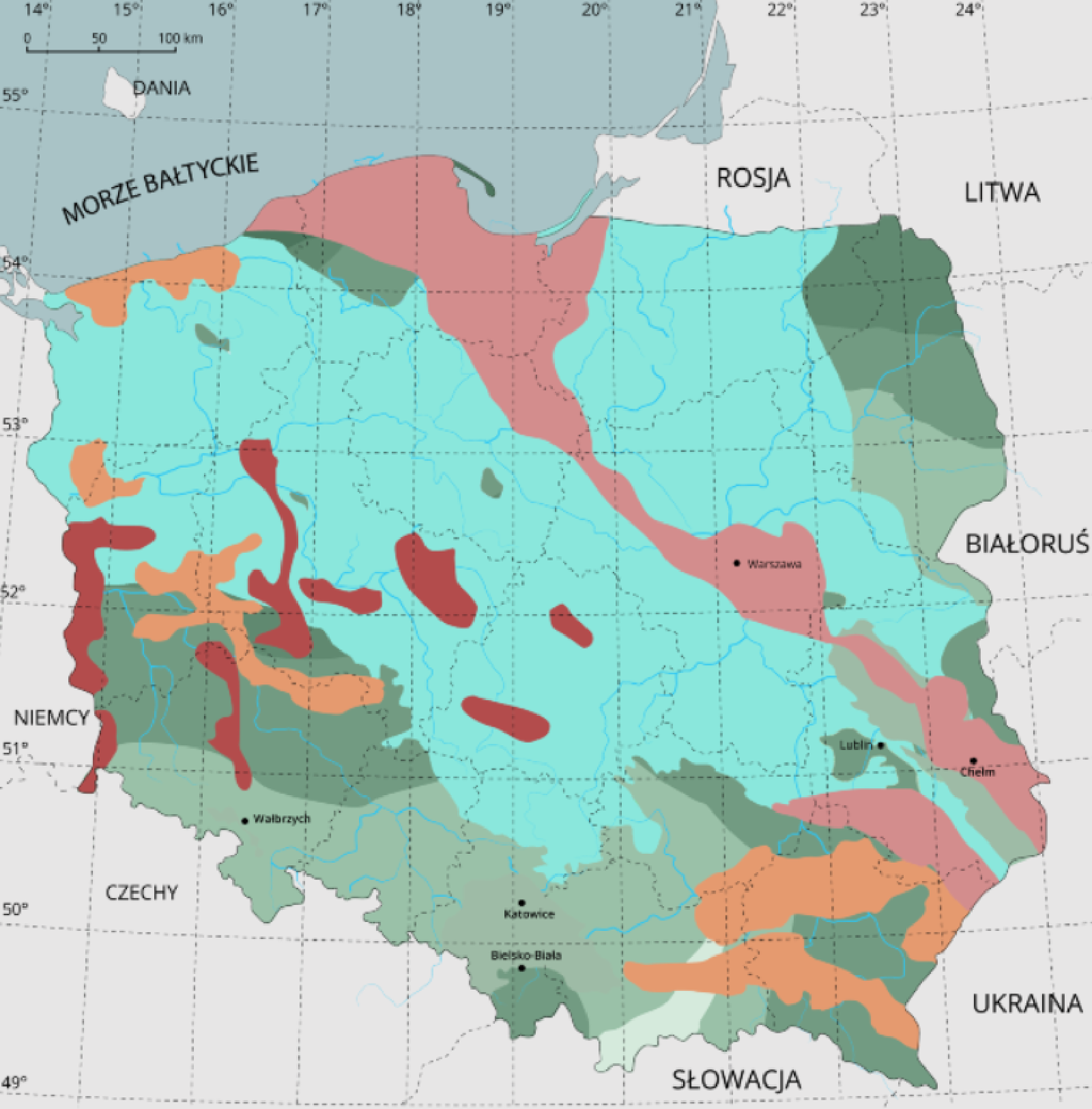 Ilustracja przedstawia mapę Polski. Teren mapy pomalowany jest na różne kolory, oznaczające obszary.