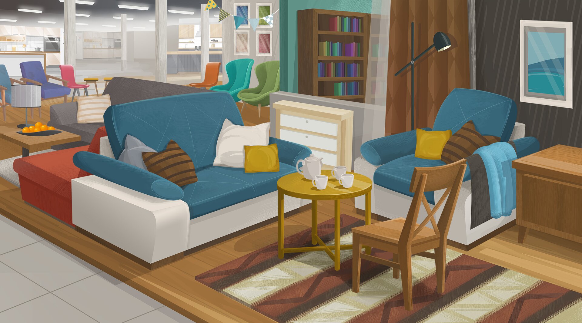 Ilustracja przedstawia salon w sklepie meblowym.