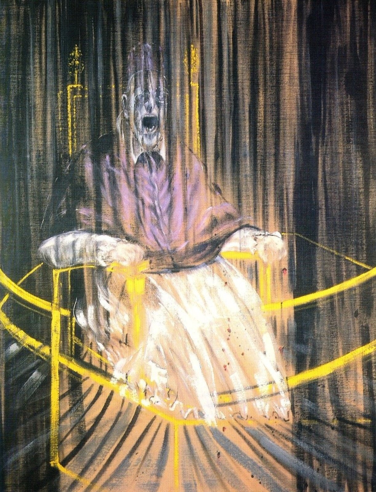 Ilustracja w formie prostokąta przedstawia podobiznę duchownego, który siedzi na złotym, zdobionym fotelu. Obraz posiada specyficzne linie, które zniekształcają nieco jego wygląd. Linie powodują również złudzenie, jakby fotel, na którym siedzi mężczyzna unosił się. Twarz mężczyzny wyraża strach, a jego usta są otwarte. Ubrany jest w białą szatę oraz fioletową narzutę i nakrycie głowy. Nosi okulary. Obraz wykonany jest w większości w ciemnych barwach, jednak jego dół jest rozświetlony. 