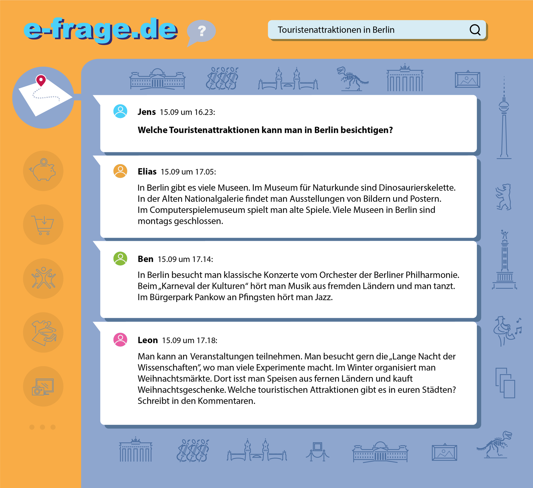 Widoczna jest ilustracja. Przedstawia niemieckie forum internetowe z komentarzami dotyczącymi atrakcji w Berlinie. Transkrypcja dostępna jest poniżej.