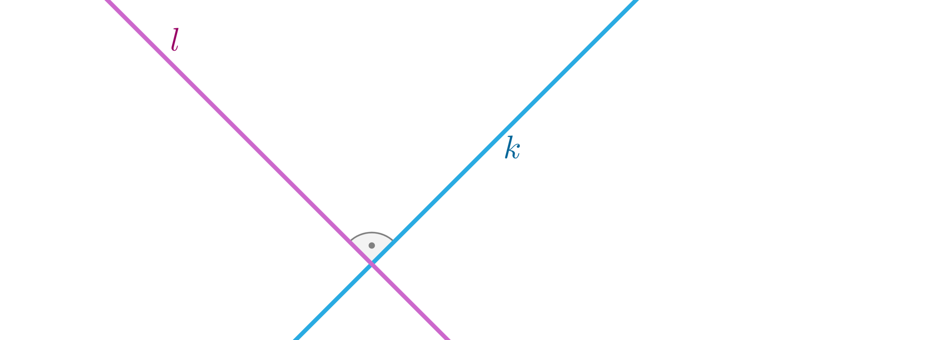 Ilustracja przedstawia dwie prostopadłe do siebie proste: k i l. Między prostymi zaznaczono kąt prosty.