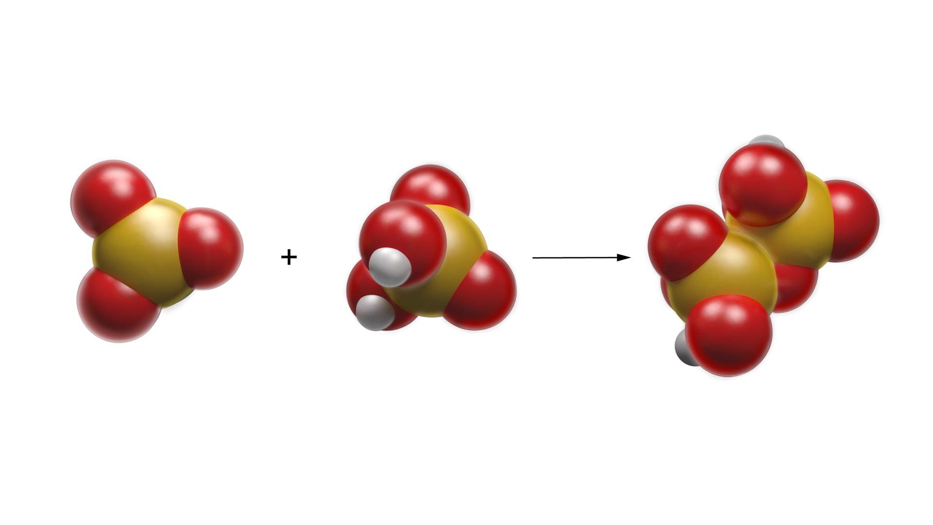 Ilustracja przedstawiająca model reakcji otrzymywania kwasu heptaoksodisiarkowego. Żółte kulki symbolizują atomy siarki, czerwone atomy tlenu a szare, najmniejsze, atomy wodoru. Cząsteczka tlenku siarki(<math aria‑label="sześć">VI) składa się z żółtej kulki połączonej z trzema kulkami czerwonymi. Dodać cząsteczka kwasu siarkowego (<math aria‑label="sześć">VI)  składająca się z atomu siarki połączonego wiązaniami podwójnymi z dwoma atomami tlenu oraz wiązaniami pojedynczymi z dwiema grupami hydroksylowymi OH. Atomy w cząsteczce rozmieszczone są na planie tetraedru, w którego centrum znajduje się żółta kulka połączona z czterema czerwonymi kulkami znajdującymi się w narożach tetraedru, z których dwie stykają się, każda z jedną małą kulką w kolorze szarym, która odpowiada atomowi wodoru. Strzałka w prawo, za strzałką cząsteczka kwasu heptaoksodisiarkowego składająca się z dwóch żółtych kulek atomów siarki, które połączone są atomem tlenu (czerwoną kulką), tworząc kąt rozwarty. Ponownie przywołując tetraedryczną strukturę, łączący oba atomy siarki atom tlenu znajduje się w jednym wspólnym narożu dla dwóch stykających się tetraedrów, w których środkach znajdują się atomy siarki. Ponadto każdy atom siarki związany jest z grupą hydroksylową OH oraz za pomocą wiązań podwójnych z dwoma atomami tlenu, przy czym wszystkie atom tlenu (czerwone kulki) znajdują się pozostałych w trzech narożach tetraedru dla danego atomu siarki. Dwie z czerwonych kulek przy różnych atomach siarki stykają się z małymi, szarymi kulkami - atomami wodoru, każda z jedną.