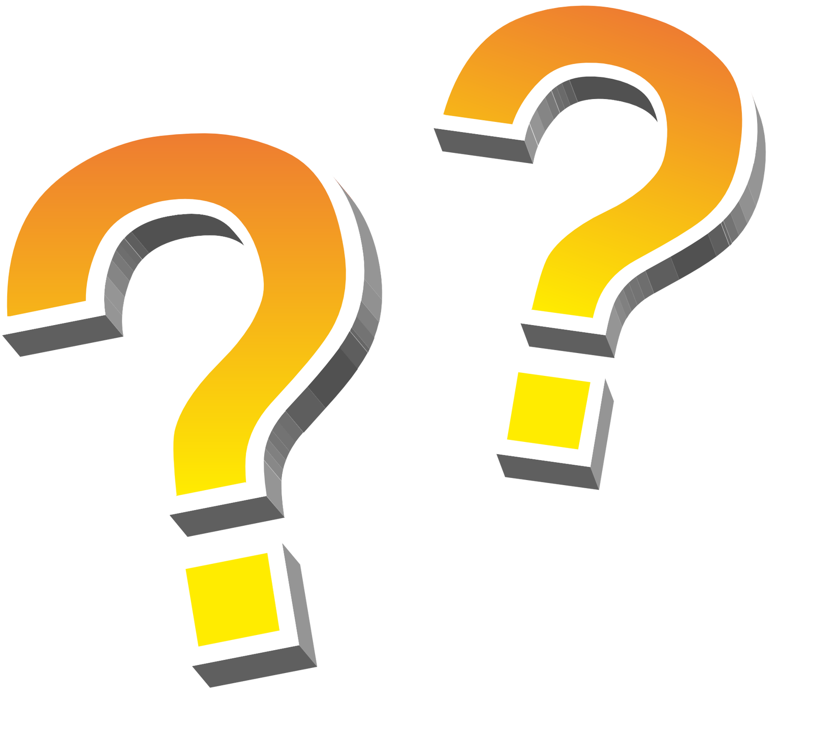 Ilustracja przedstawiająca dwa pomarańczowo‑żółte znaki zapytania. Wzdłuż ich krawędzi została poprowadzona biała obwódka. Przedstawione zostały w taki sposób, że widoczna jest ich boczna, szara krawędź. Wypełniają one całą przestrzeń ilustracji. Ten po prawej stronie jest większy, a po lewej nieco mniejszy. 