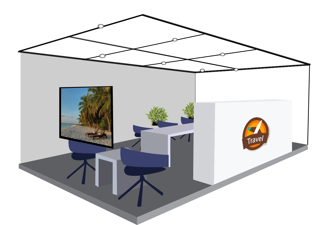 Grafika przedstawia wizualizację przykładowego biura organizatora turystyki. Na pierwszym planie widoczne są dwa niebieskie fotele i biały stolik, monitor telewizora z obrazem prezentującym palmy i plażę. Po prawej stronie widoczny jest prostopadłościenny biały kontuar z logo formy pośrodku – koło z wpisanym schematycznie przedstawionym samolotem i napisem Travel. W głębi biały stół, trzy niebieskie krzesła i dwa zielone kwiatki.