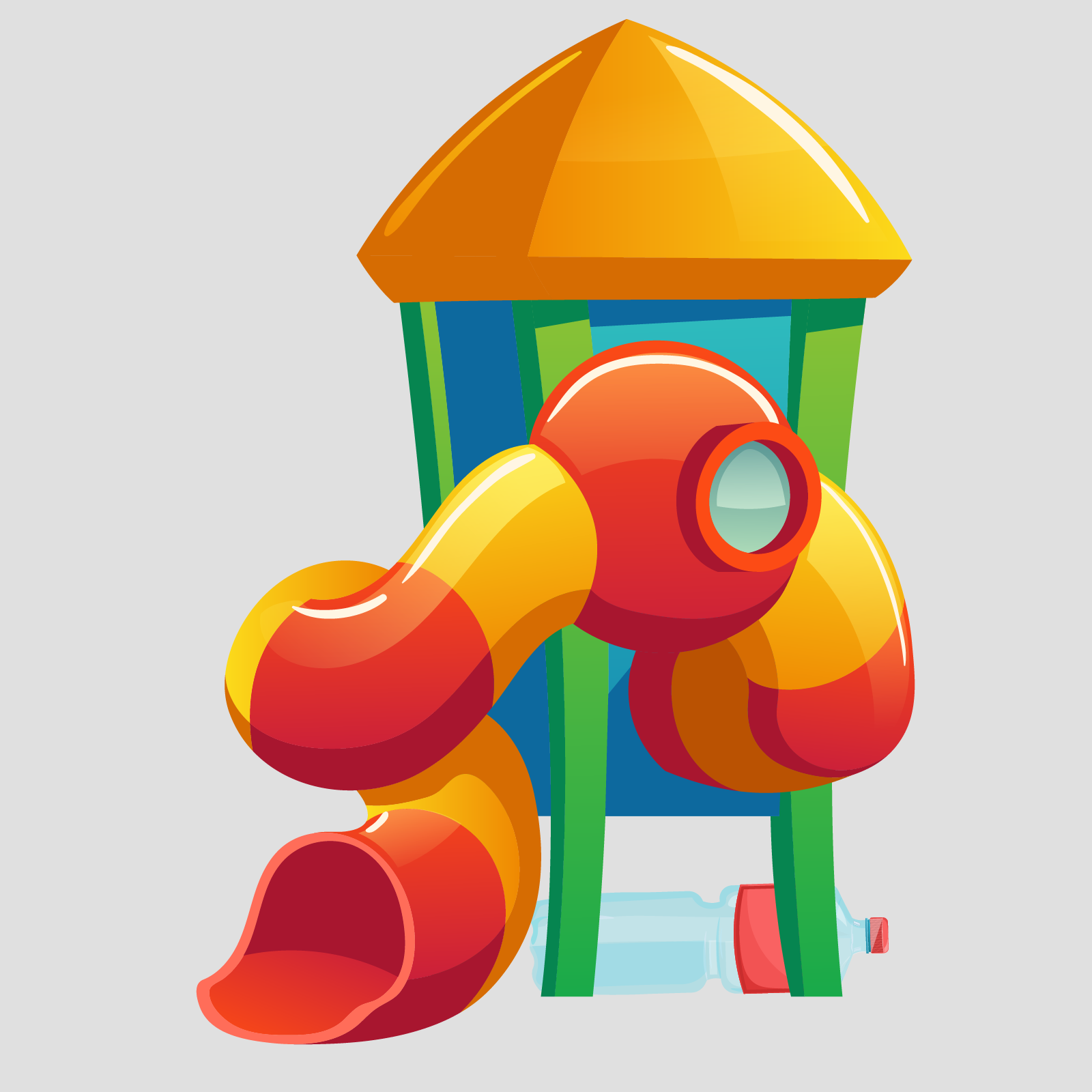 Ilustracja ukazuje zjeżdżalnię, pod którą znajduje się butelka po wodzie. 