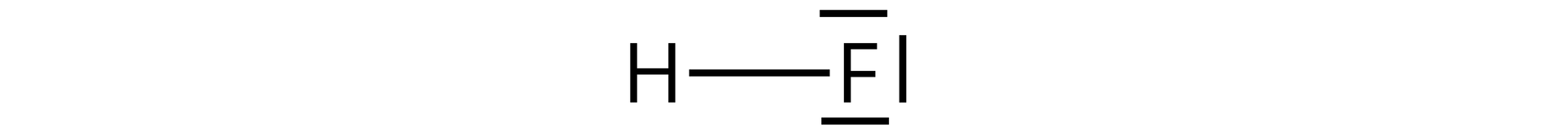 Ilustracja przedstawia wzór kreskowy cząsteczki HF. Między atomami H i F znajduje się kreska oznaczająca wiązanie pojedyncze. Przy atomie fluoru dodatkowo znajdują się trzy kreski oznaczające wolne pary elektronowe.