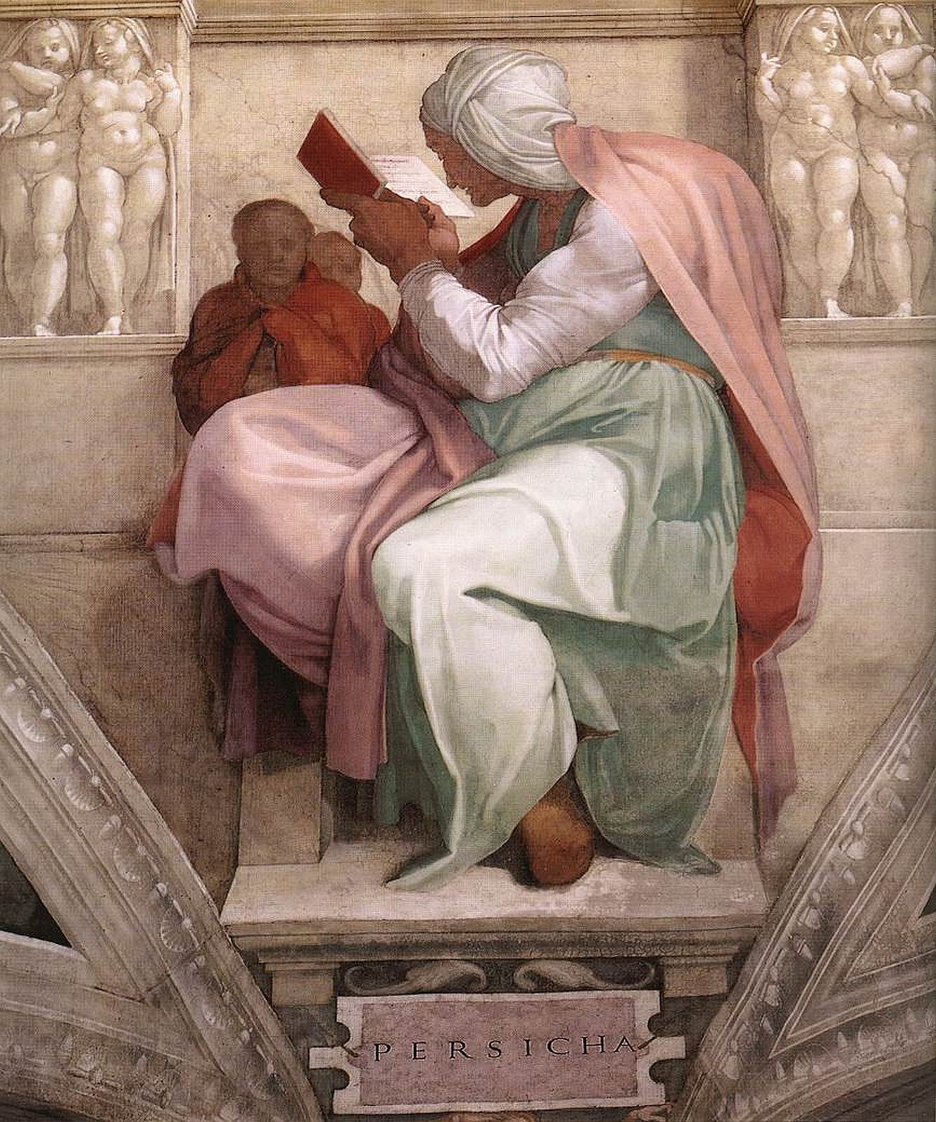 lustracja przedstawia fresk Michała Anioła Buonarottiego pt. „Sybilla Perska”. Na fresku przedstawiona została kobieta siedząca bokiem na tronie. Kobieta ubrana jest w zielono-różową szatę, a na głowie ma biały zwój ukrywający włosy. Kobieta jest pochłonięta czytaniem. Za nią, w czerwonej szacie znajduje się postać, zza ramienia której widoczna jest głowa następnej postaci.