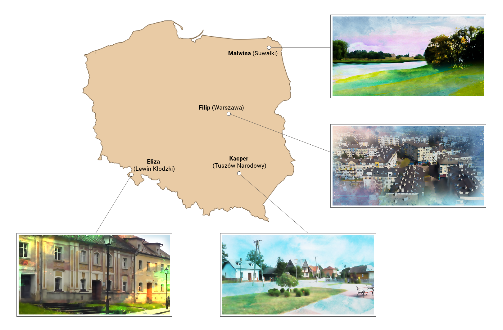 Slajd prezentuje mapę konturową Polski z oznaczeniem miejscowości i osób opowiadających, w szczegółach przedstawiających na kolejnych slajdach. Są to: Malwina z Suwałk, Filip z Warszawy, Kacper z Tuszowa Narodowego i Eliza z Lewina Kłodzkiego. Od każdego oznaczenia na mapie odchodzą proste linie pod kątem do miniatur slajdów, które zostaną zaprezentowane w dalszej części prezentacji. Eliza (Lewin Kłodzki) - miniatura przedstawia budynek mieszkalny, jedną z kamienic neoklasycystycznych w szeregu zabudowy domów z dwuspadowym dachem, prostokątnymi i owalnymi oknami. Kacper (Tuszów Narodowy) - miniatura przedstawia wiejską zabudowę domostw z drogą i skwerem pośrodku. Filip (Warszawa) - miniatura przedstawia zabudowę blokowisk miejskich, widzianą z lotu ptaka. Malwina (Suwałki) - miniatura przedstawia zbiornik wodny nieopodal zagajnika. 
