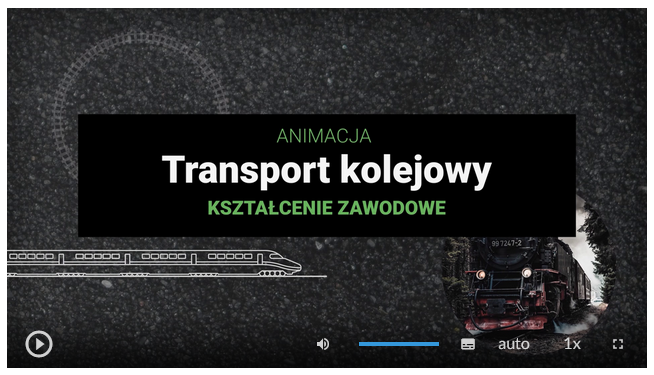 Zrzut ekranu przedstawia planszę tytułową animacji pod tytułem transport kolejowy. W tle planszy widać szkic pociągu po lewej oraz zdjęcie przodu lokomotywy z prawej strony. Na środku widać czarny prostokąt z tytułem animacji. W dolnym lewym rogu widoczny jest przycisk startu animacji. Na środku dolnego paska widoczny jest przycisk wyłączenia głośności oraz na prawo od niego jest pasek zmiany głośności. Następnie kolejno widać przycisk włączania napisów, przycisk zmiany jakości odtwarzania, przycisk zmiany prędkości odtwarzania oraz przycisk odtwarzania pełnoekranowego.