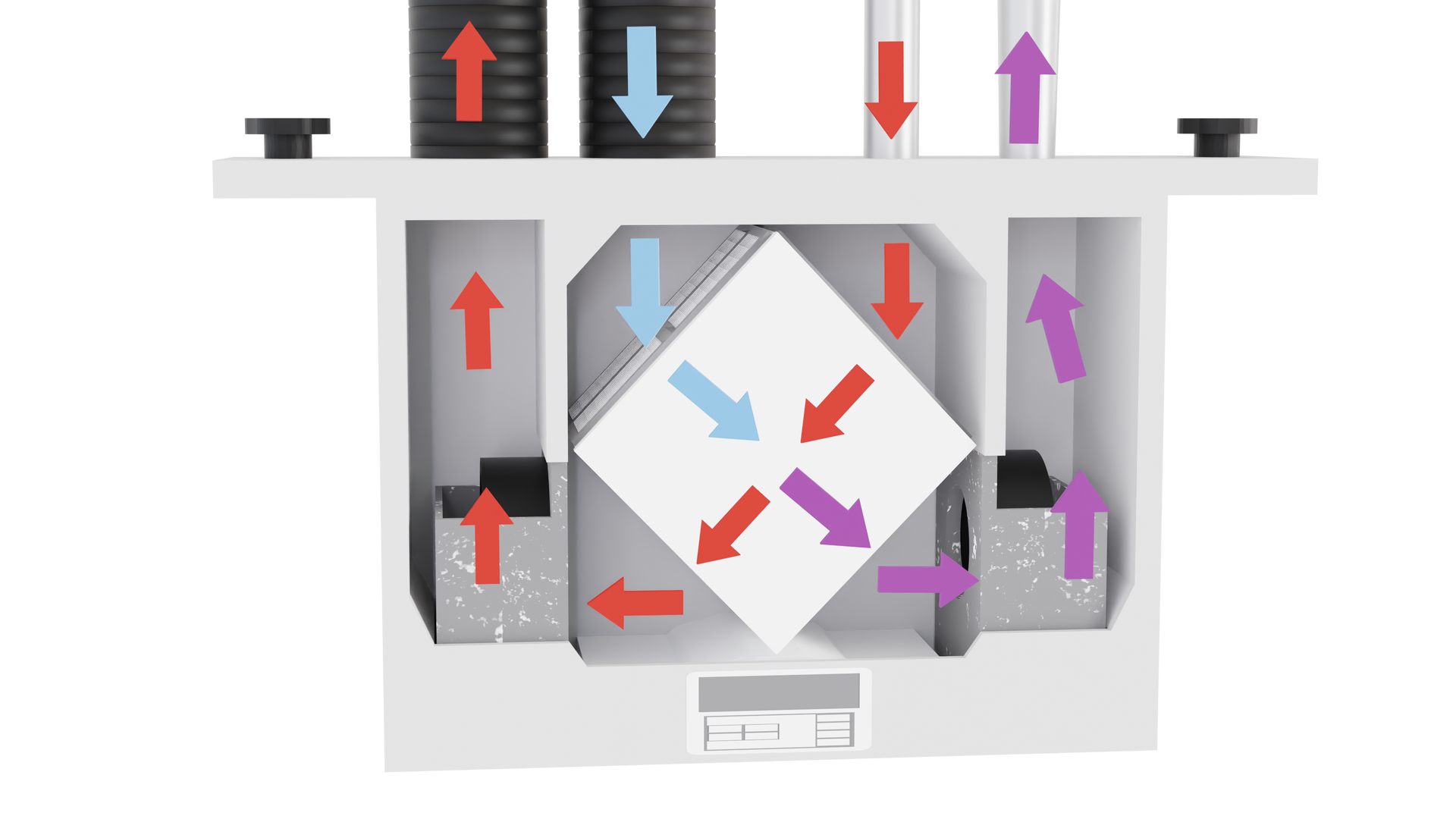 Grafika przedstawia zasadę działania wymiennika krzyżowego. Widoczne są fragmenty instalacji i oznaczone są kierunku przepływu powietrza. 