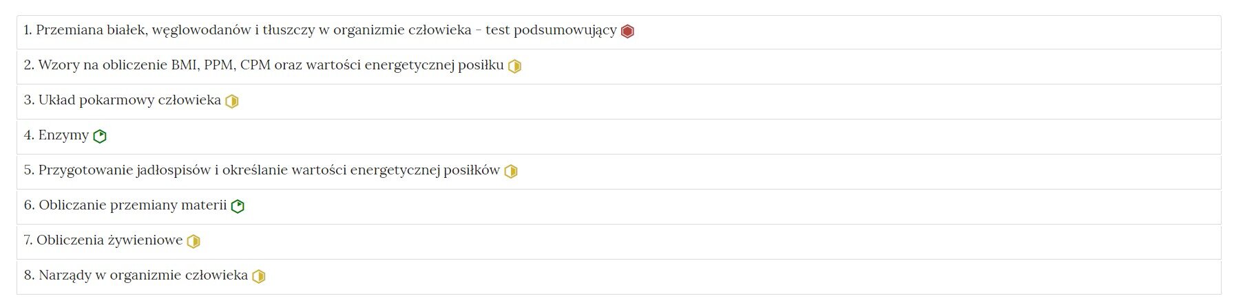 Grafika przedstawia widok spisu treści interaktywnych materiałów sprawdzających. Na białym tle widoczna jest lista numeryczna z tytułami ćwiczeń. Po prawej stronie każdego tytułu znajduje się symbol określający stopień trudności zadania: sześciokąt z zielonymi krawędziami z wpisanym, na godzinie 13, zielonym trójkątem – poziom trudności niski, sześciokąt z żółtymi krawędziami z wpisanym po prawej jego stronie żółtymi trapezem – poziom trudności średni, i sześciokąt z czerwonymi krawędziami z wpisanym w niego czerwonym sześciokątem – poziom trudności wysoki.