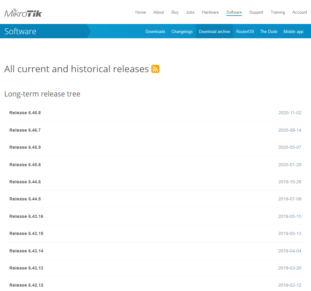 Zrzut ekranu przedstawia stronę www MikroTik.   W górnym menu zaznaczono zakładkę Software oraz Download archive.  Poniżej górnego poziomego menu znajdują się wpisy: All current and historical releases,  Long-term release tree. Poniżej tych napisów znajduje się lista zawierająca archiwalne wersje programów do pobrania.