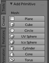 Ilustracja przedstawiająca panel brył podstawowych programu Blender, np.: plane, cube, circle, cone, UV sphere.