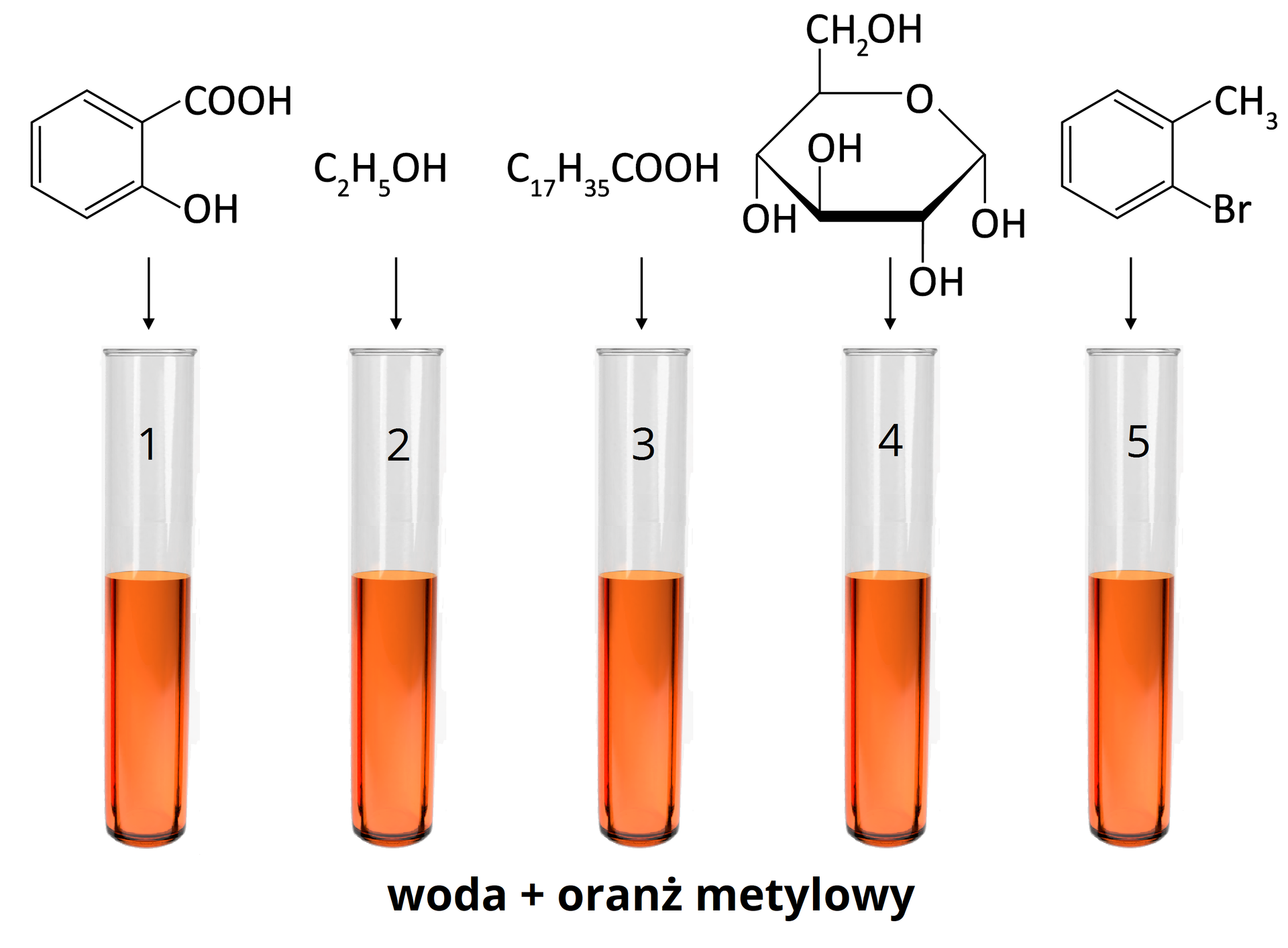 Ilustracja przedstawiająca pięć probówek zawierających pomarańczowy wodny roztwór oranżu metylowego. Do pierwszej probówki dodano kwas salicylowy (czyli kwas 2‑hydroksybenzoesowy). Do drugiej probówki dodano etanol C2H5OH. W trzeciej probówce umieszczono kwas stearynowy o wzorze C17H35COOH. W czwartej probówce umieszczono glukozę, zawierającą ugrupowania hydroksylowe oraz grupę aldehydową. Do piątej probówki dodano 2‑bromotoluen (czyli związek zbudowany z pierścienia benzenu podstawionego grupą metylową oraz atomem bromu przy sąsiadujących ze sobą atomach węgla.  